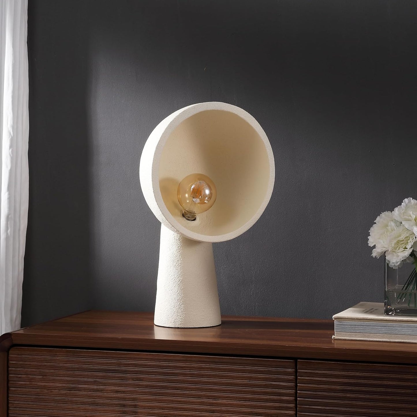 JONATHAN Y 17.5" Cream Resin Contemporary Minimalist Half-Globe Column LED Table Lamp, Modern Industrial Tapered Bedside Lamp for Living Room, LED Bulb Included JYL6314A