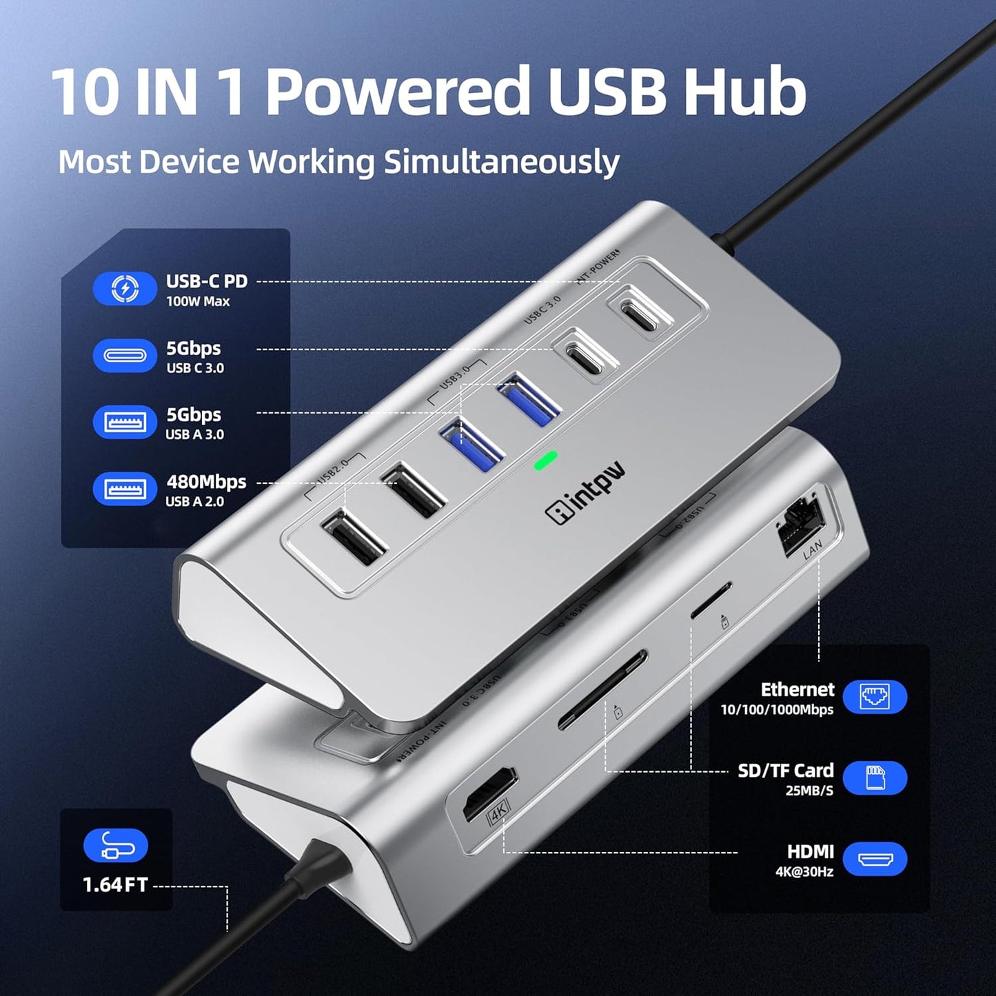 P9R USB C Hub Ethernet, 10-in-1 USB-C Docking Station, Aluminum USB to Ethernet Adapter with 4K HDMI, PD 100W, 1Gbps RJ45, Type-C & 2 A 3.0 5Gbps, 2 Type-A 2.0, SD/TF Slot for MacBook, iPad