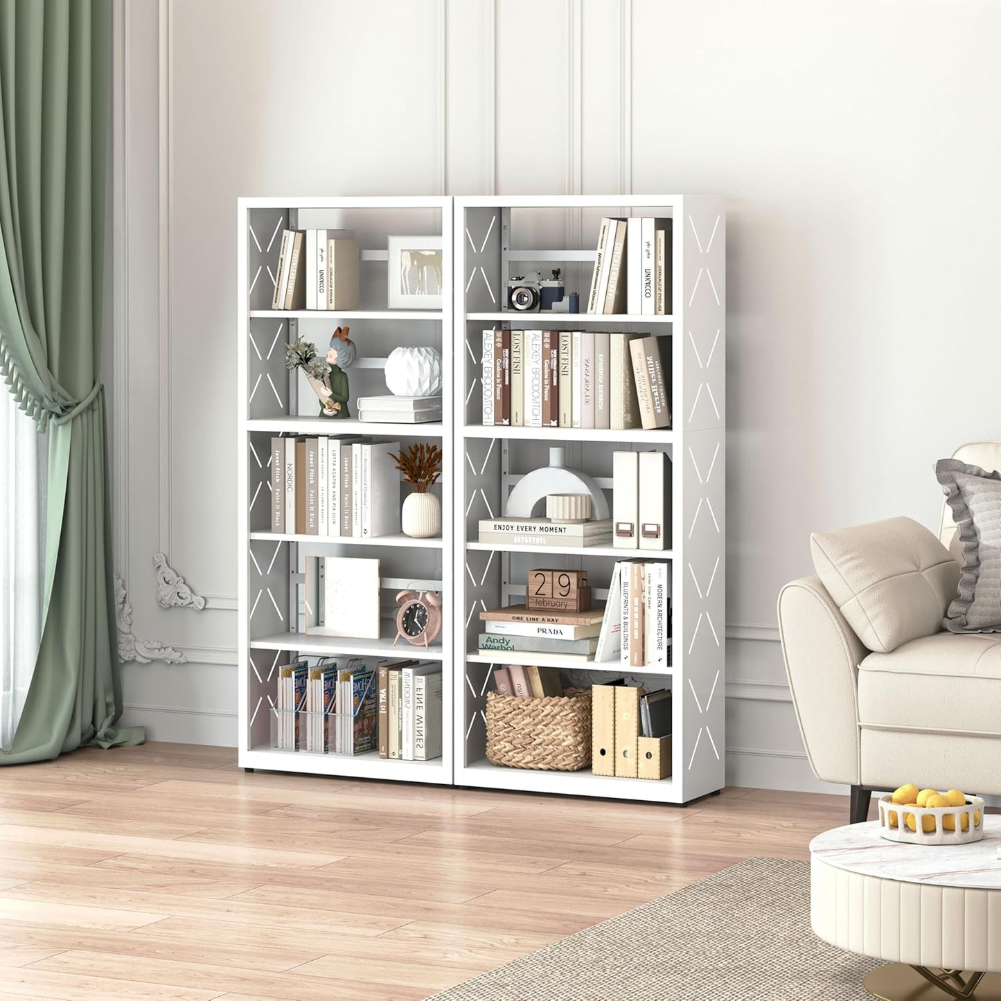 Bookshelf, 5 Tier Metal Bookcase with Adjustable Shelves, Tall White Book Shelf with Bookends, White Display Shelves for Living Room, Home Office, Library