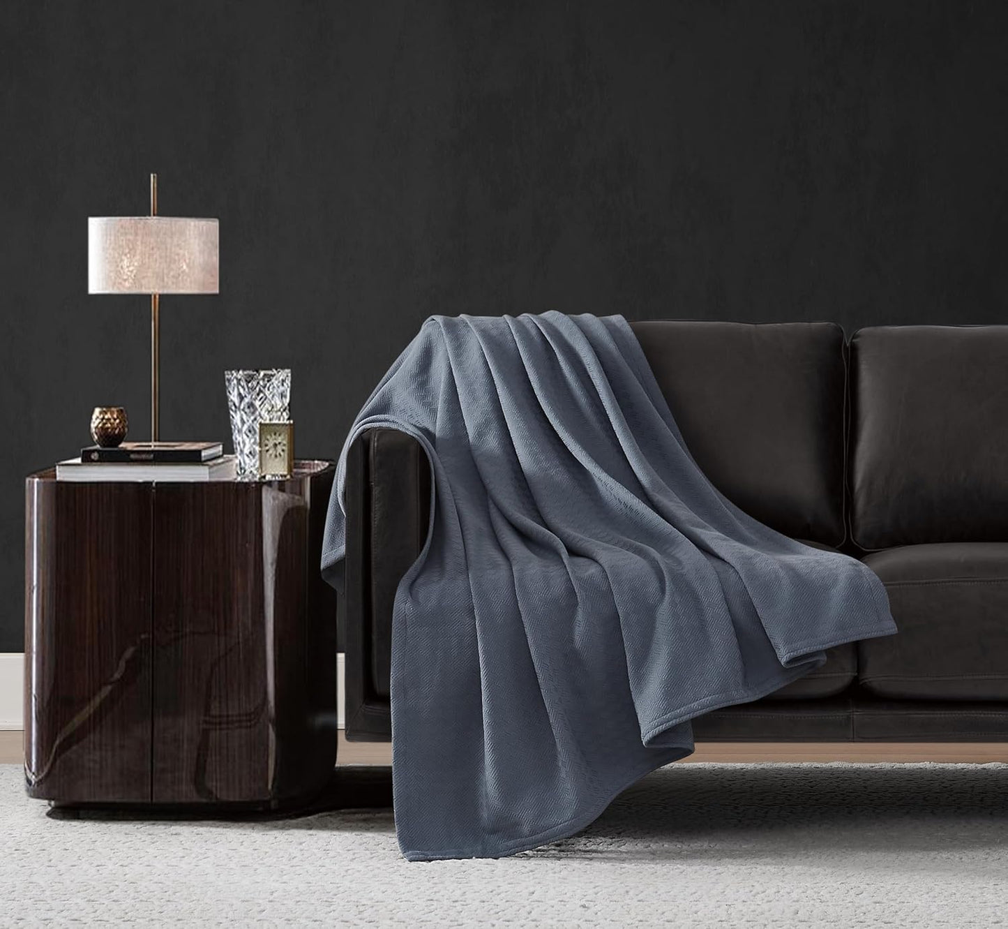 Vince Camuto Classic 100% Basket Woven Cotton Throw Blanket in Dusty Blue, Solid Color, Oeko-TEX Certified