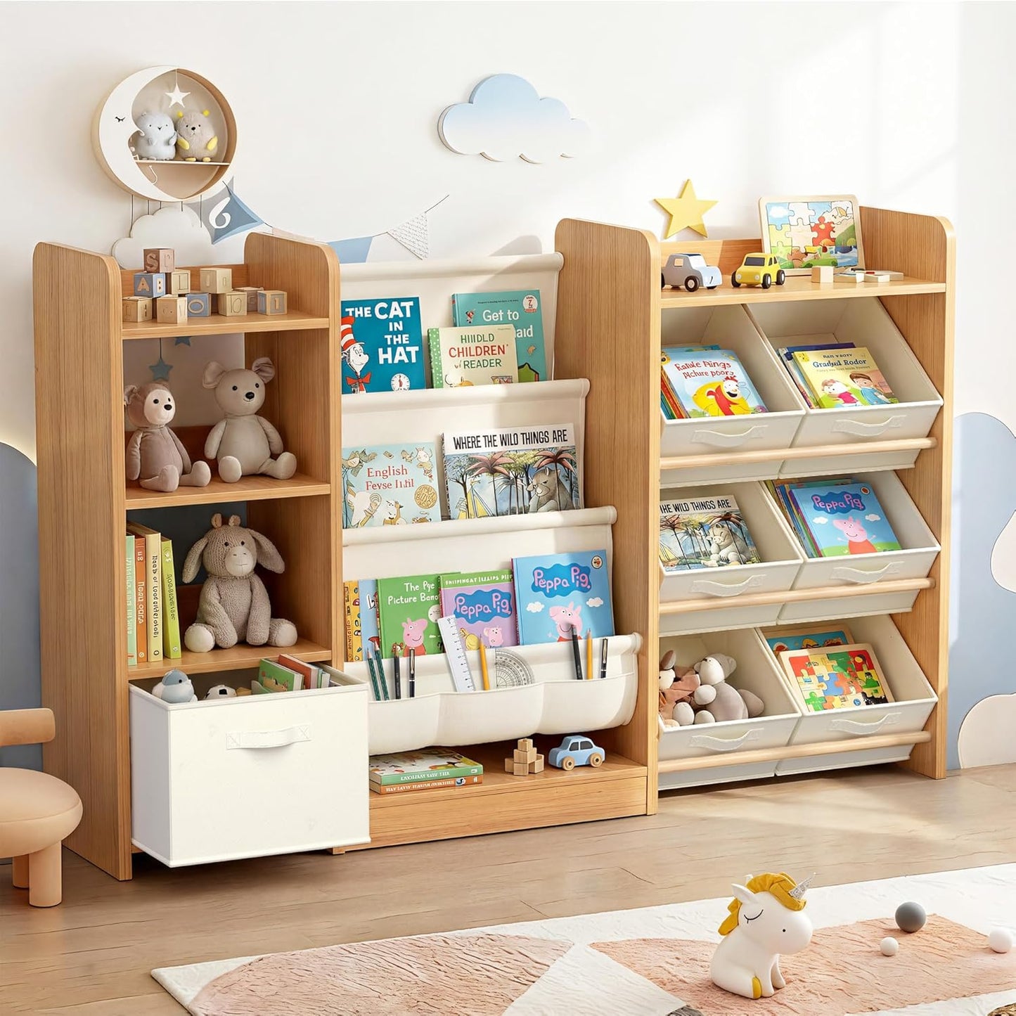 Kids Bookshelf and Toy Storage, Large Toy Storage Chest with Removable Bins, Kids Toy Storage Organizer, Sling Baby Bookcase, 4-Tier Book Shelf for Kids Room, Playroom, Classroom