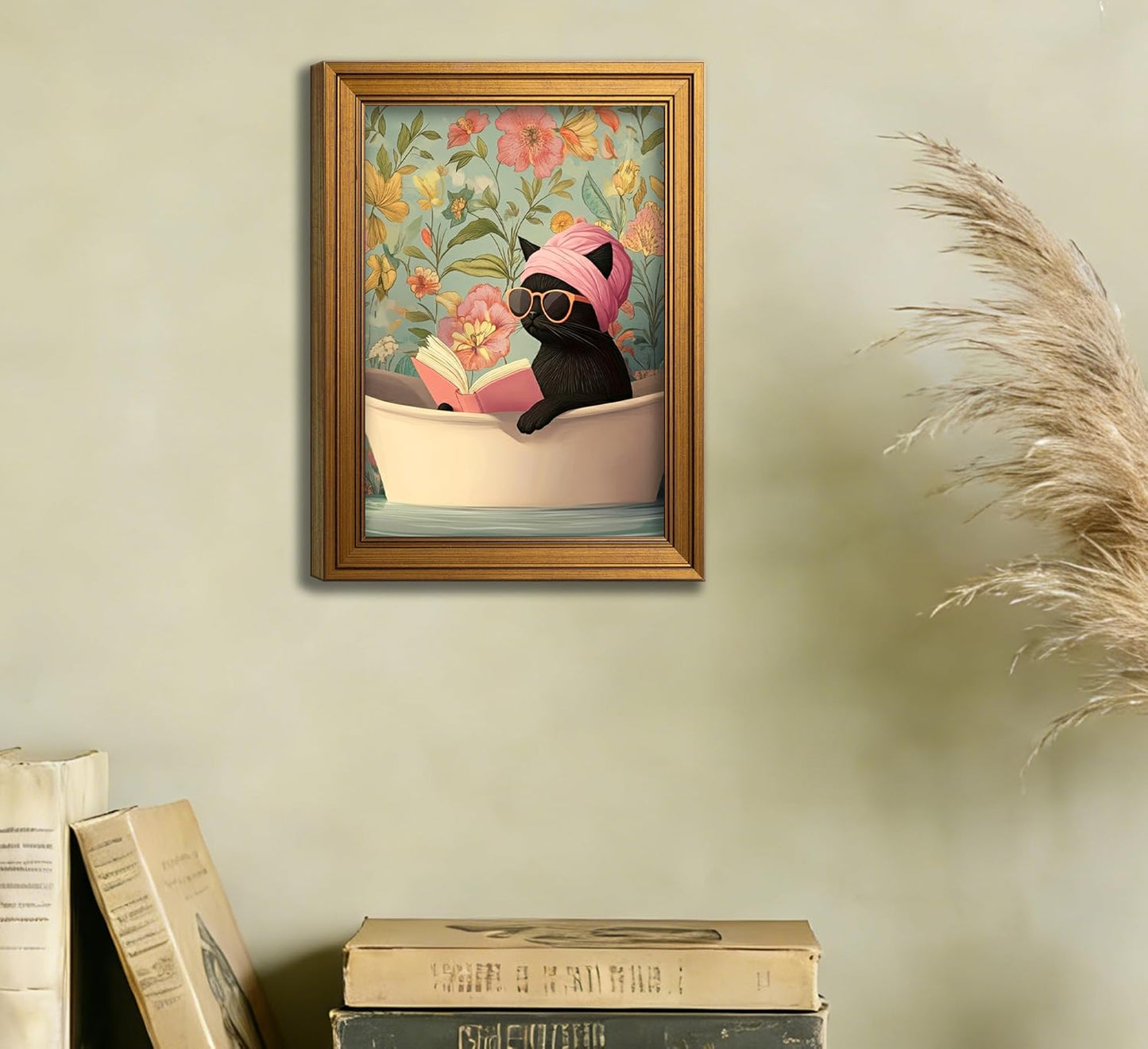 AkmttkDs Vintage Floral Black Cat Bathroom Wall Art, Funny Cat in Bathtub Poster, Retro Boho Flower Botanical Print, Humorous Pet Lover Gift, Unframed 12x16 Inch Canvas Wall Decor for Restroom