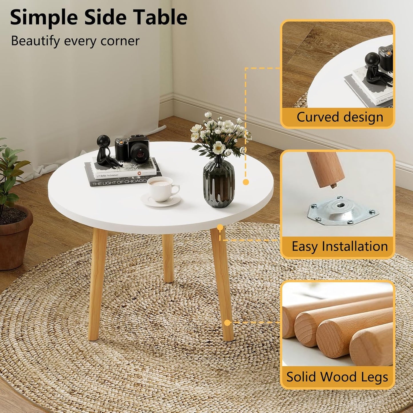 Round Coffee Table Low Table with 3 Solid Wood Sturdy Legs,Floor Table Desk for Sitting on The Floor,23.6"D x 23.6"W x 16"H Inches,Living Room/Toy room Furniture,Rental house Furniture (White)