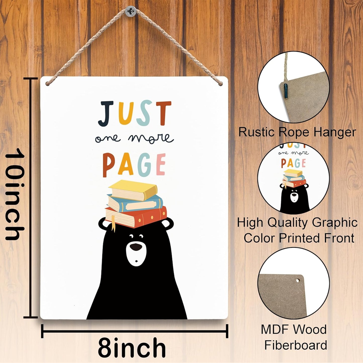 FUGWN Just One More Page Reading Black Bear Hanging Wooden Signs 8x10, Reading Nook Inspirational Classroom Playroom Nursery Wall Decor, Reading Corner Decor Gifts for Book Lovers Kids Girls Boys