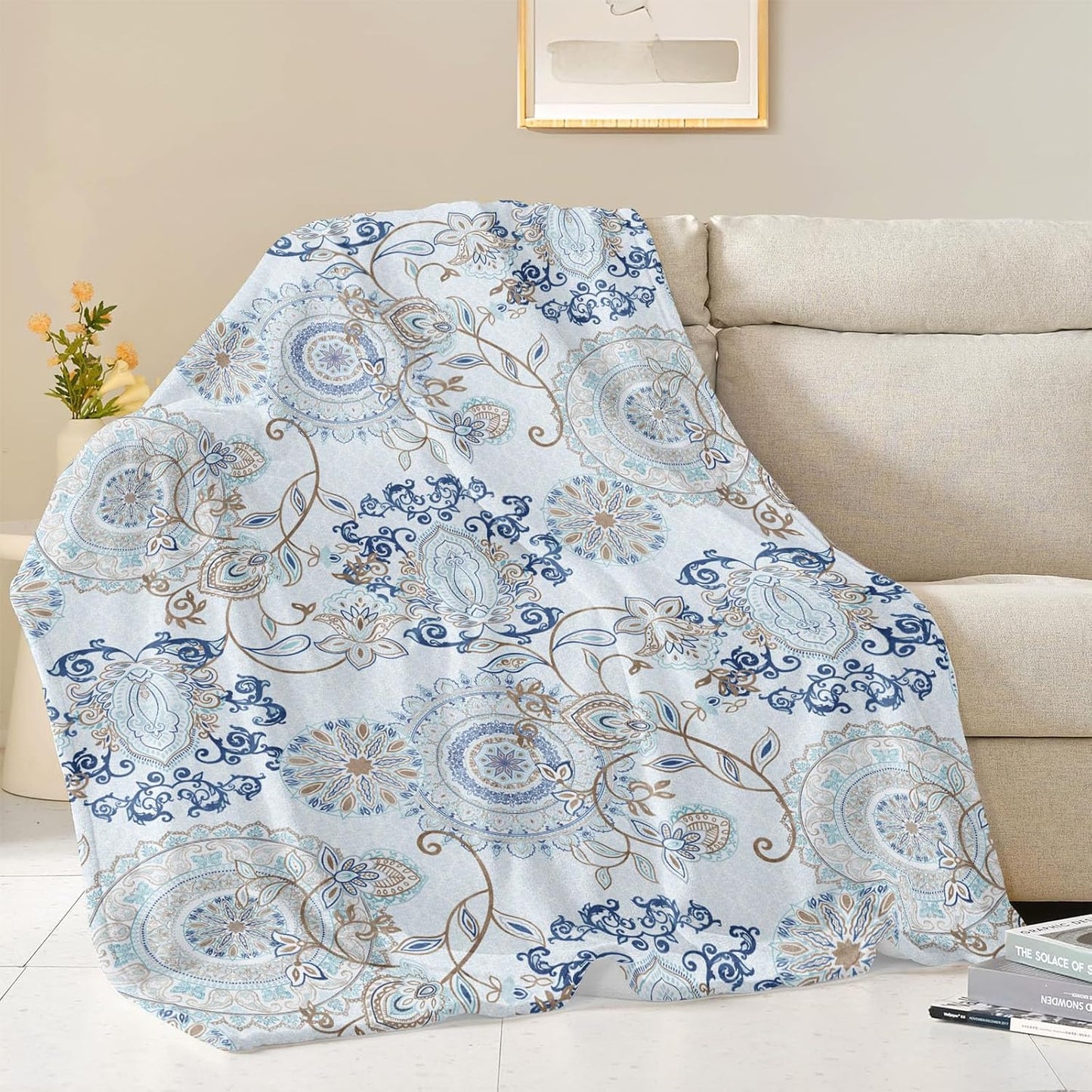Neasow Teal Fleece Throw Blanket, Light Blue Paisley Design Floral Cozy Decor Nap Blankets for Sofa Bed Couch Chair or Dorm Throws 40×50 inches