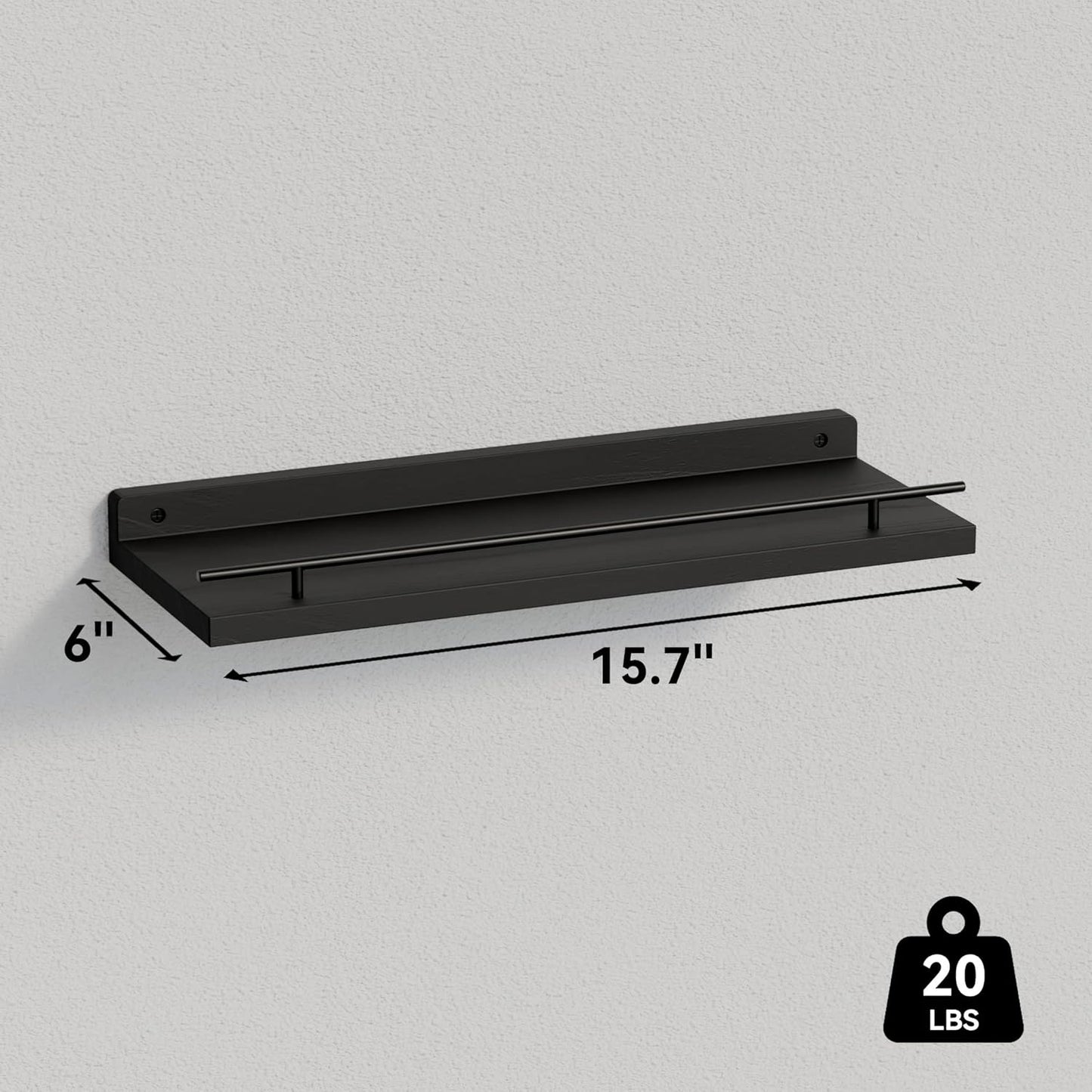 WOPITUES Floating Shelves with Black Metal Guardrail, Shelves for Wall Decor Set of 3, Wall Shelves for Bedroom, Bathroom, Kitchen, Living Room, Plants, Picture Frames, Art- Black