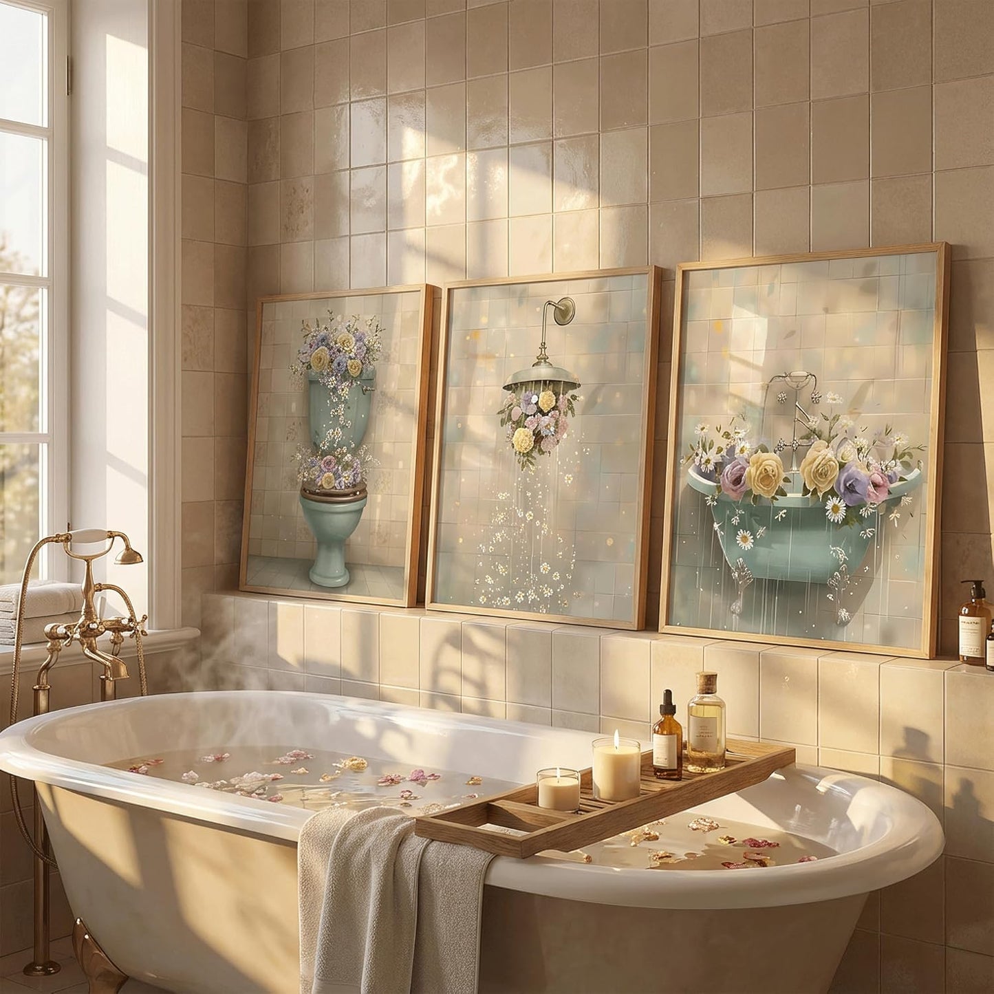3pcs Framed Vintage Floral Bathroom Canvas Wall Art Beige Floral Shower Posters Prints Paintings Rustic Cottagecore Wildflower Paintings for Toilet Washroom WC Paintings Decoration Prepare To Hang