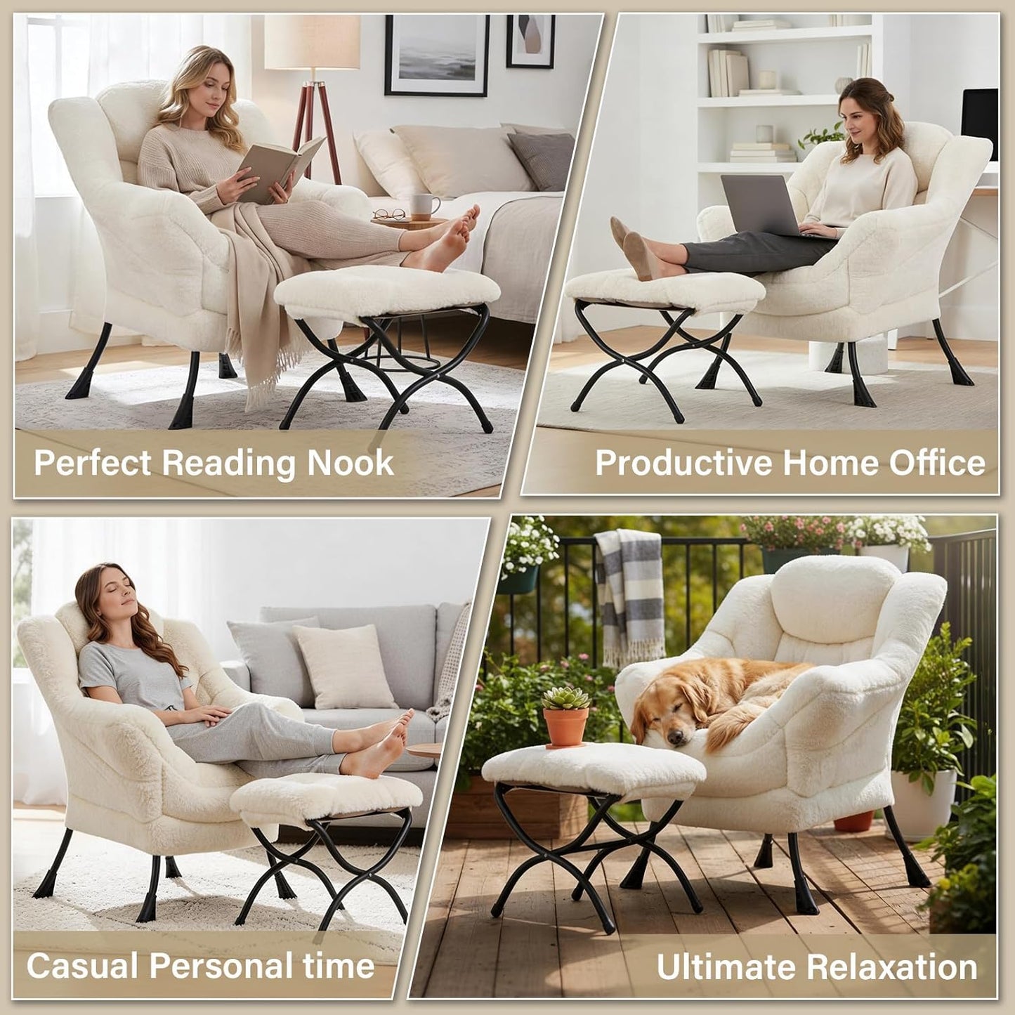 Lazy Chair and Ottoman, Large Plush Beige Contemporary Accent Chair with a Side Pocket, Modern Leisure Upholstered Reading Armchair with Footrest for Office, Bedroom, Living Room, Balcony