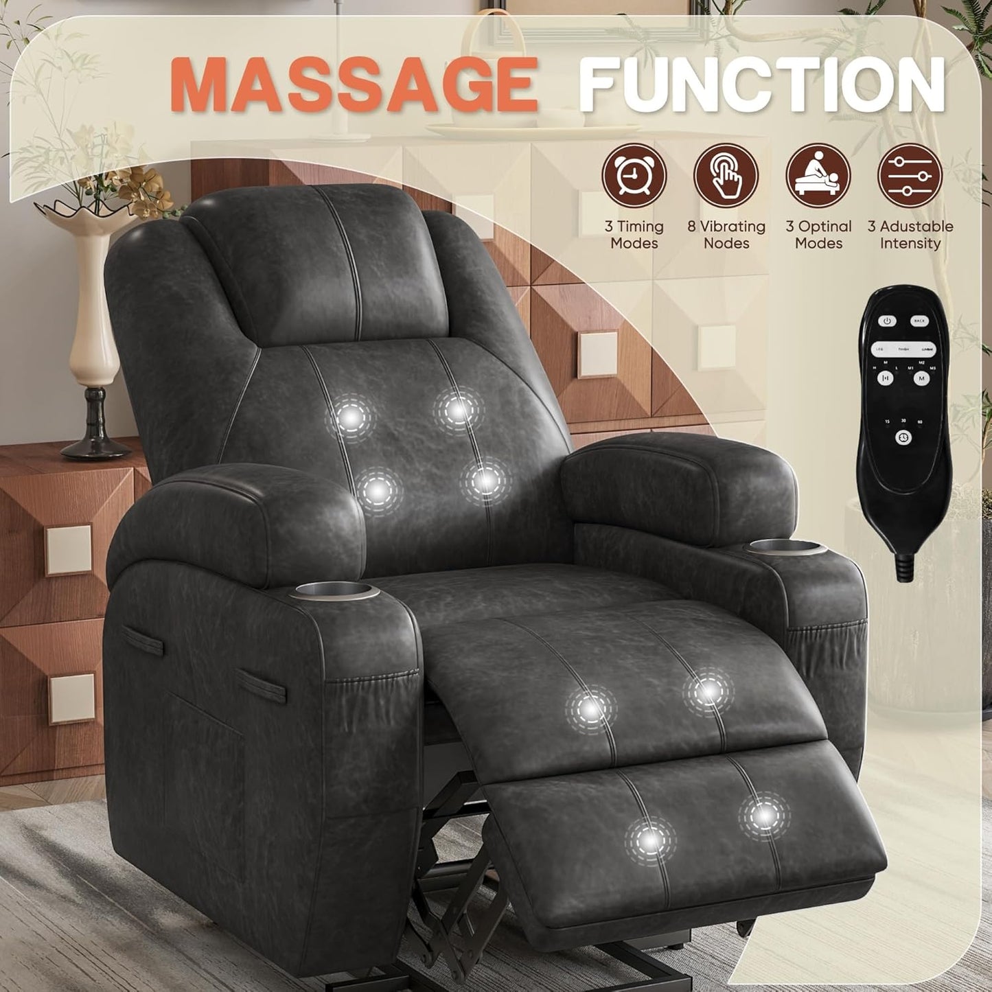 Recliner Single Sofa with Massage Cup Holders Side Pockets and Remote Control Dark Gray Electric Power Lift Recliner for Living Room Bedroom Chair
