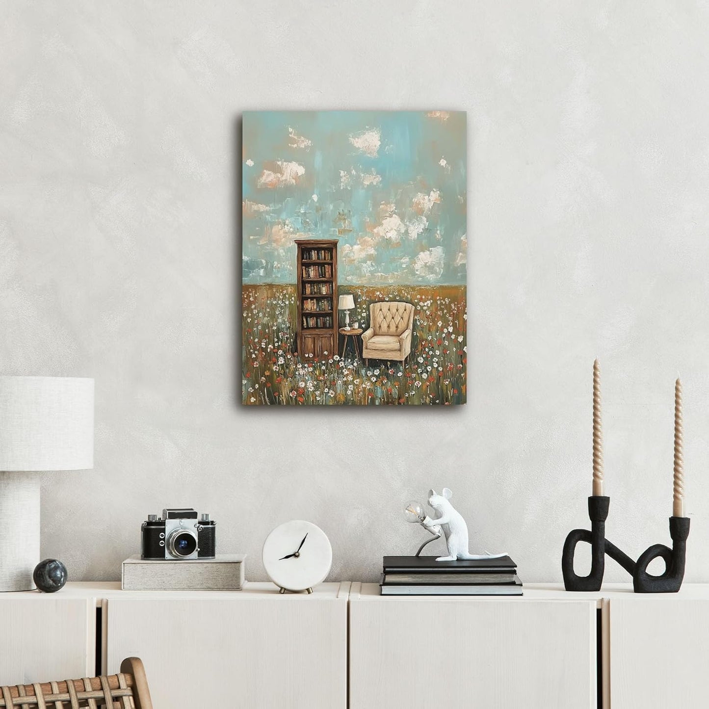 RWWNONW Vintage Framed Wall Art, Whimsical Outdoor Reading Book Cottage Core Decor, 11.5x15 Inch.(002)