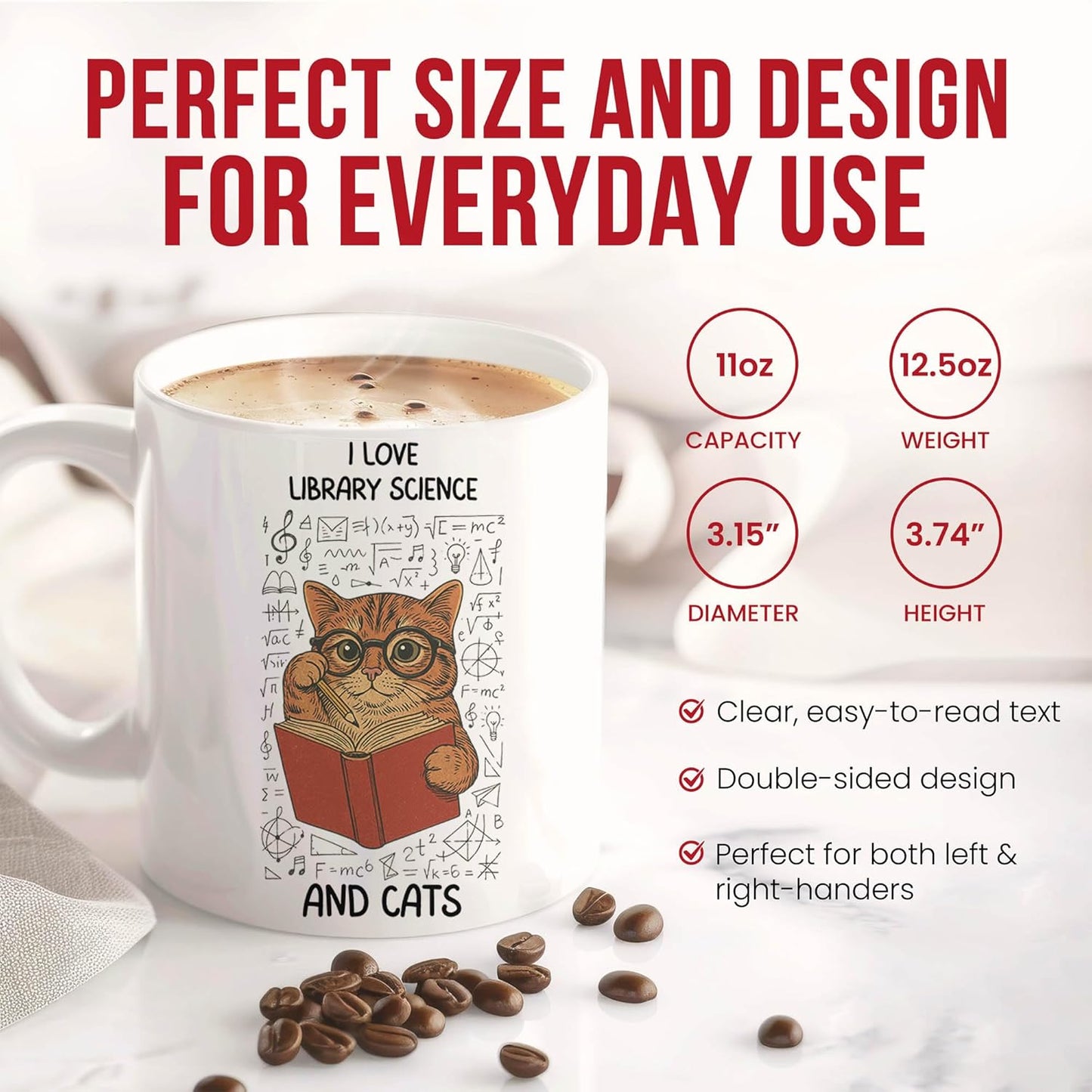 Library Science And Cats Mug - Information Specialist Coffee Cup - Librarian Funny Gift From Friends - Book Lover Tea Mugs - Knowledge Cups - 11 Oz Ceramic Gifts For Enthusiasts, Birthday, Him, Her