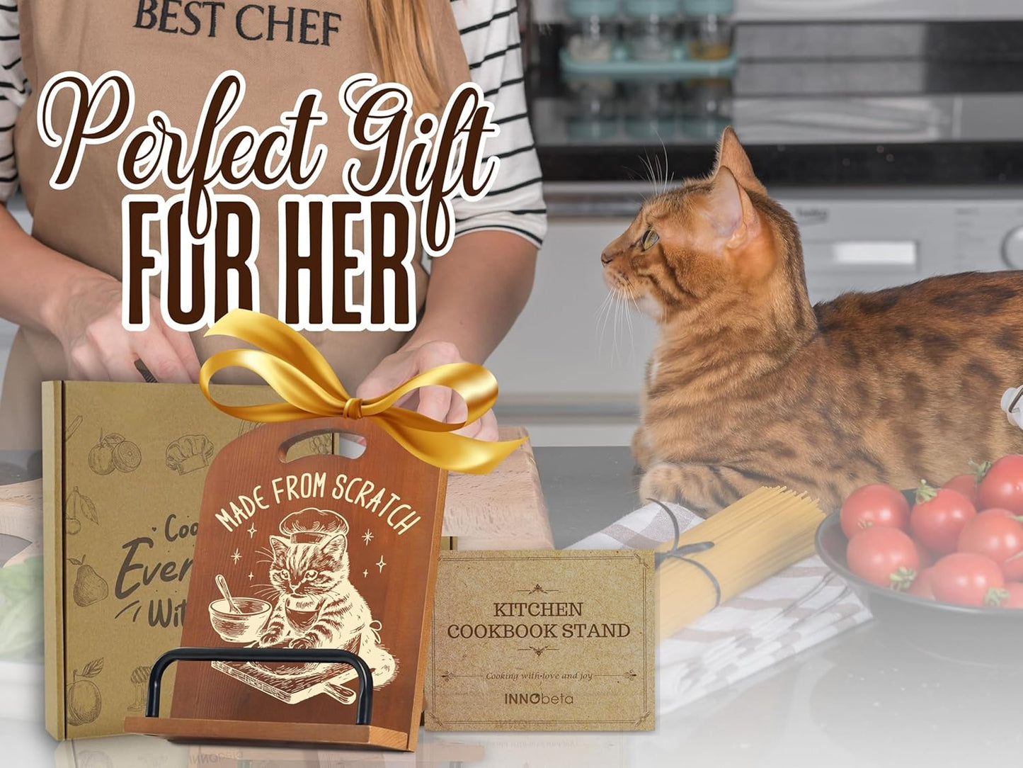 InnoBeta Cat Lover Gifts for Women, Cookbook Stand for Kitchen Counter, Perfect Gifts for Cat Lovers on Birthday, Adjustable Tablet Recipe Book Holder, Unique Kitchen & Home Decor