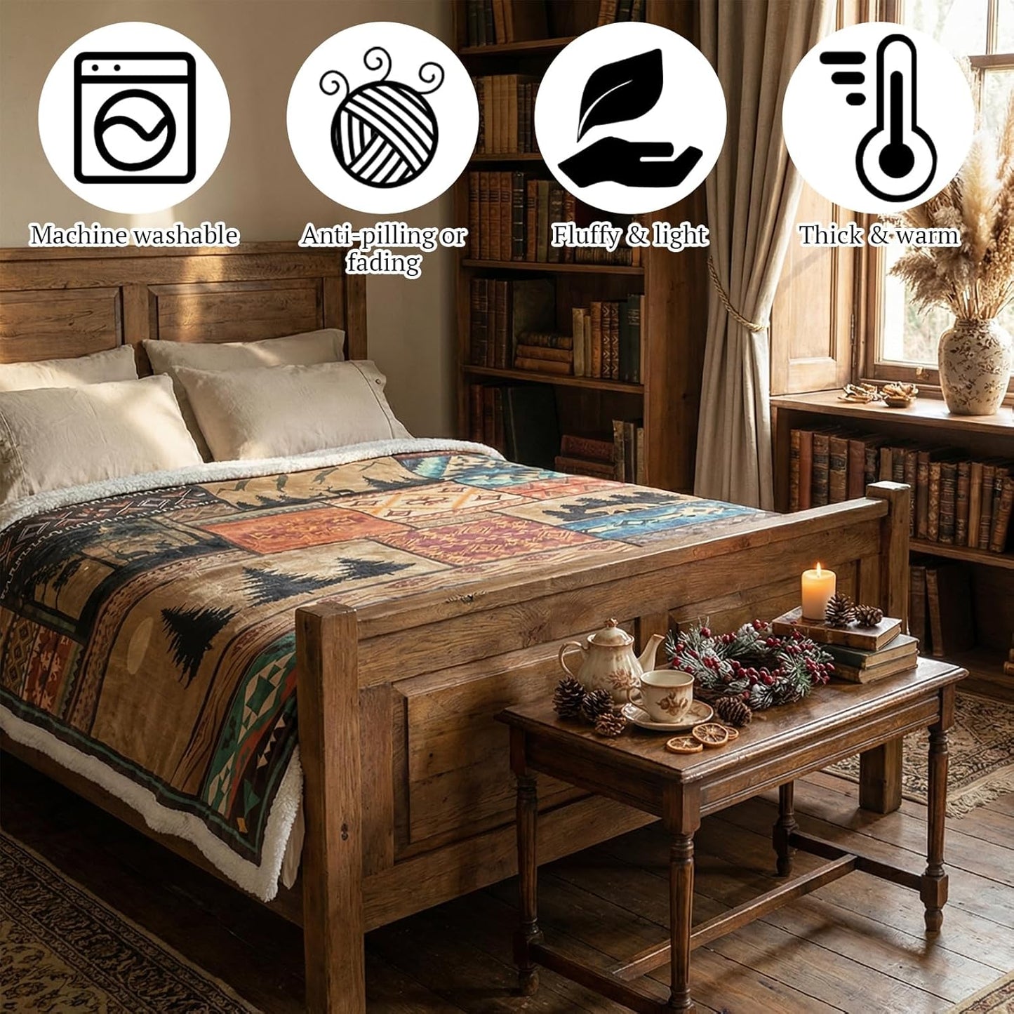 Cabin Flannel Throw Blanket Sherpa Fleece Thick Throws Winter Patchwork Blanket Holiday Soft Warm Gift Cozy Farmhouse Home Decoration for Couch Bed Sofa 50"x 60"