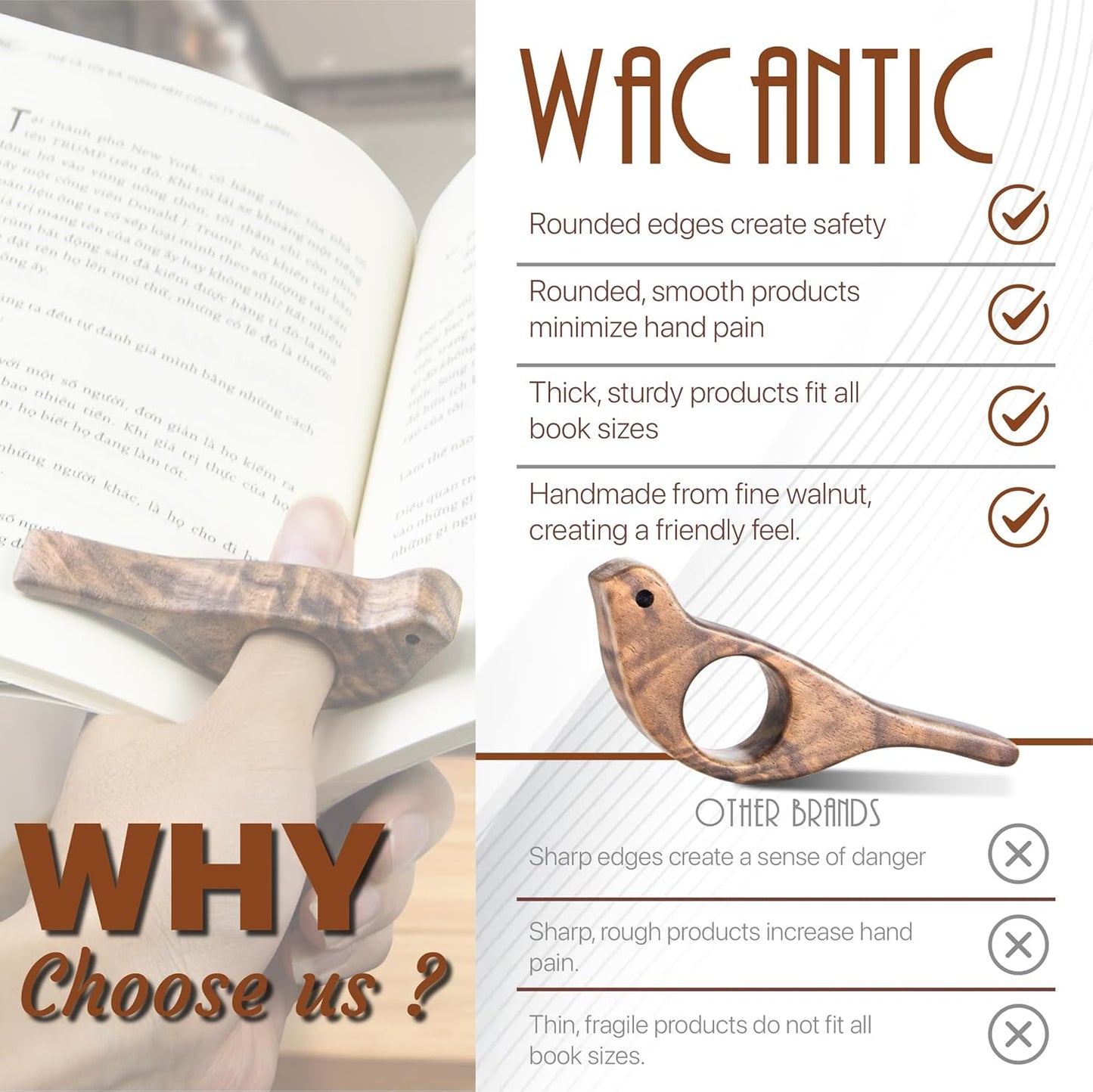 Walnut Bird Book Page Holder, Smooth Finish Wood Book Holder for Reading, Ideal Book Reader Gifts, Book Worm Gifts for Women, Thumb Book Page Holder - For Book Lovers & Literary Gifts (Small)