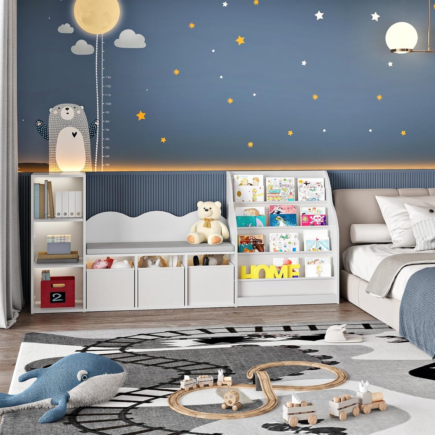 66.9" Kids Bookshelf with Reading Nook, 3-in-1 Kids Bookcase with Cushion and Sling Shelf, Toy Chest Storage with Fabric Drawers, Reading Nook for Kids, for Playroom, Nursery, White MCW08WB