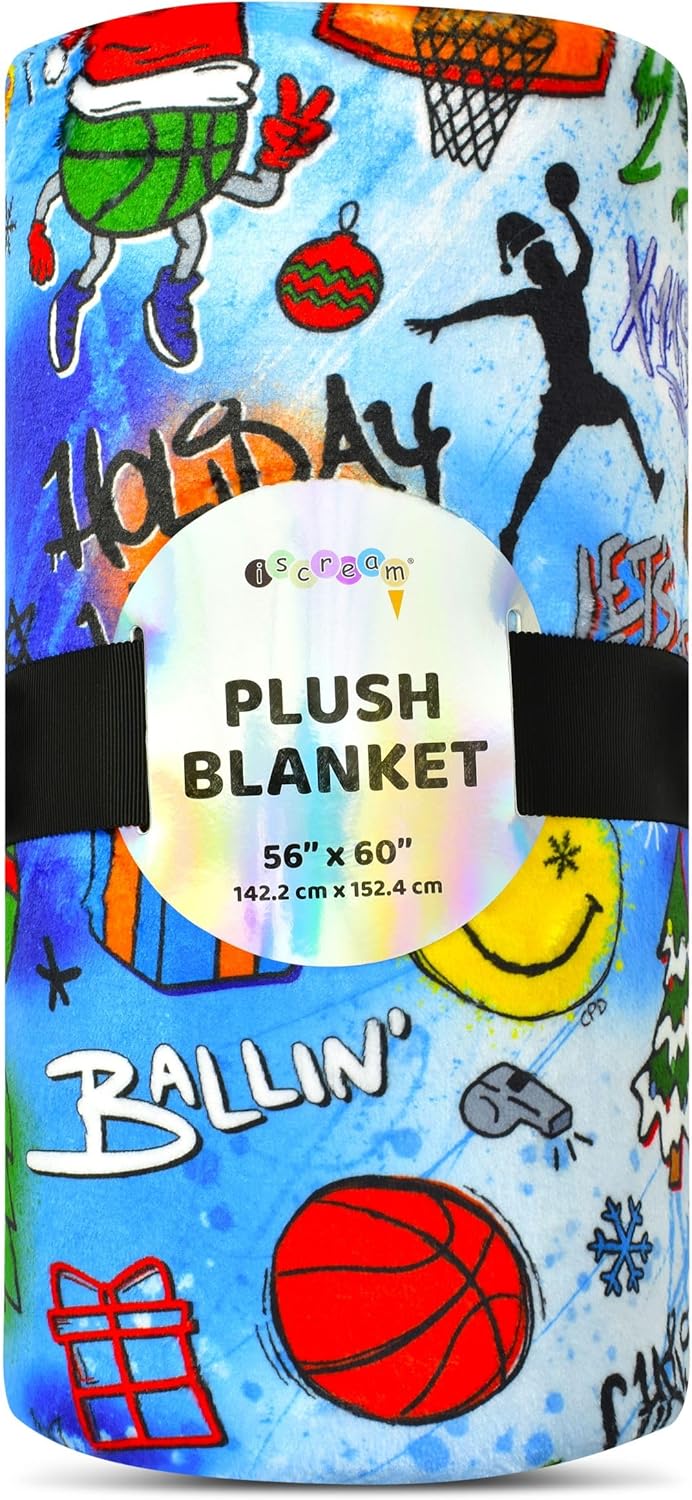 iscream + Corey Paige Designs Holiday Print Silky Soft Plush 56" x 60" Premium Fleece Throw Blanket - Holiday Hoops