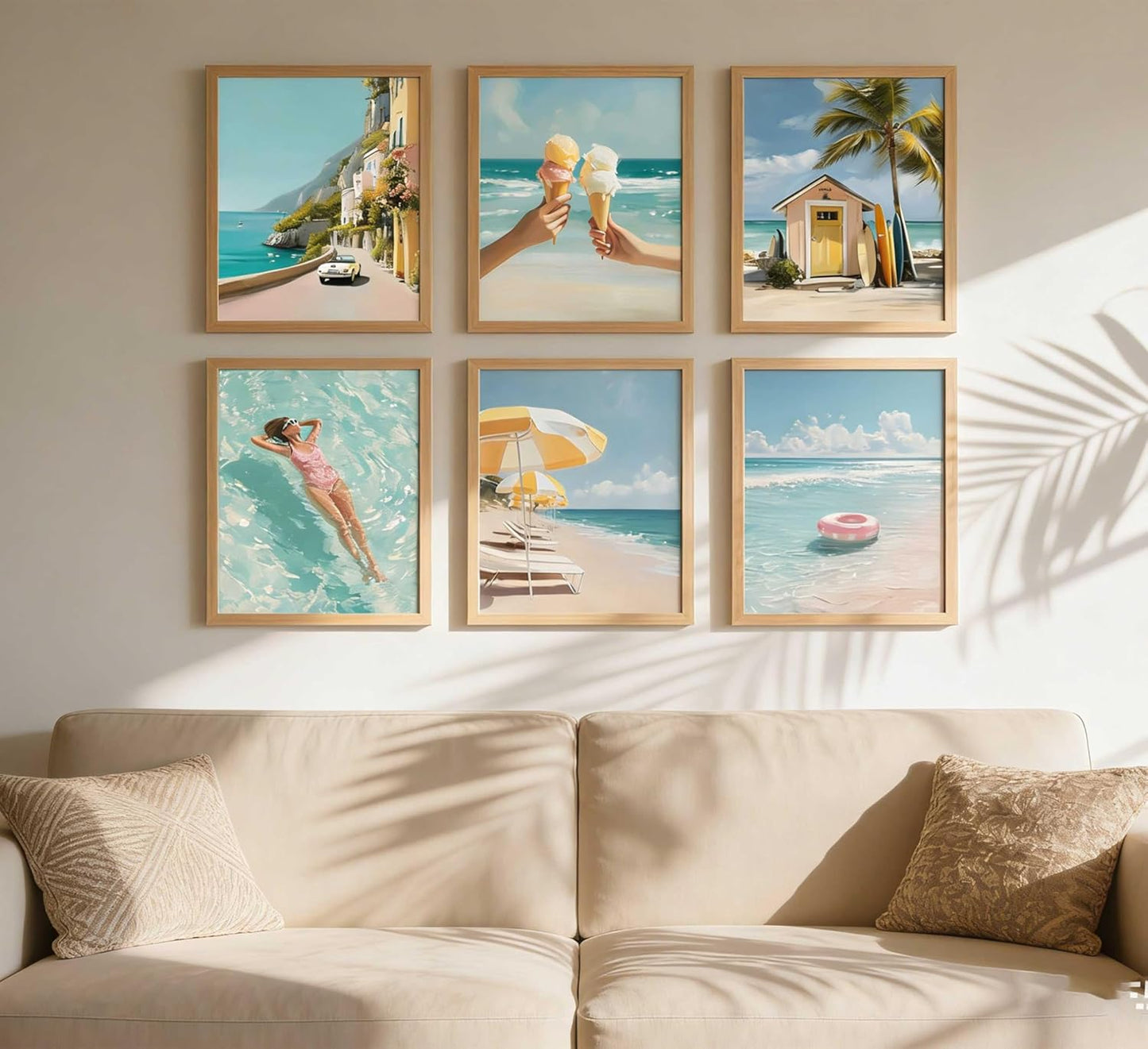 6 Pcs Beach Wall Art - Coastal Granddaughter Aesthetic Poster, Tropical Vacation Vibe painting, Italian Summer Prints Wall Decor for Living Room Bedroom Bathroom Unframed 10x8 Gifts for Friends