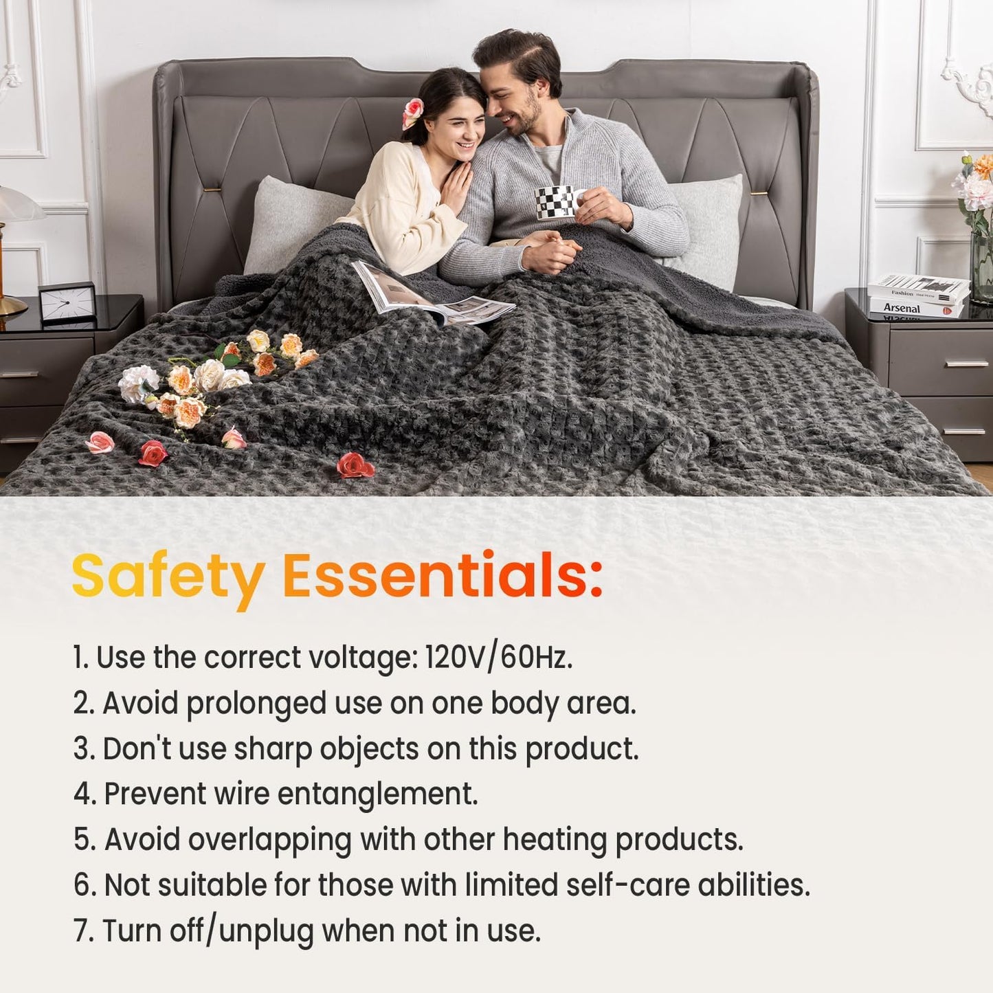 WOOMER Heated Blanket Queen Size 84" x 90", Electric Blanket with Dual Controls, 0.5-12 Hours Timer & 10 Heating Levels, ETL Certified, Dark Grey Rose Patterns Faux Fur & Sherpa, Machine Washable