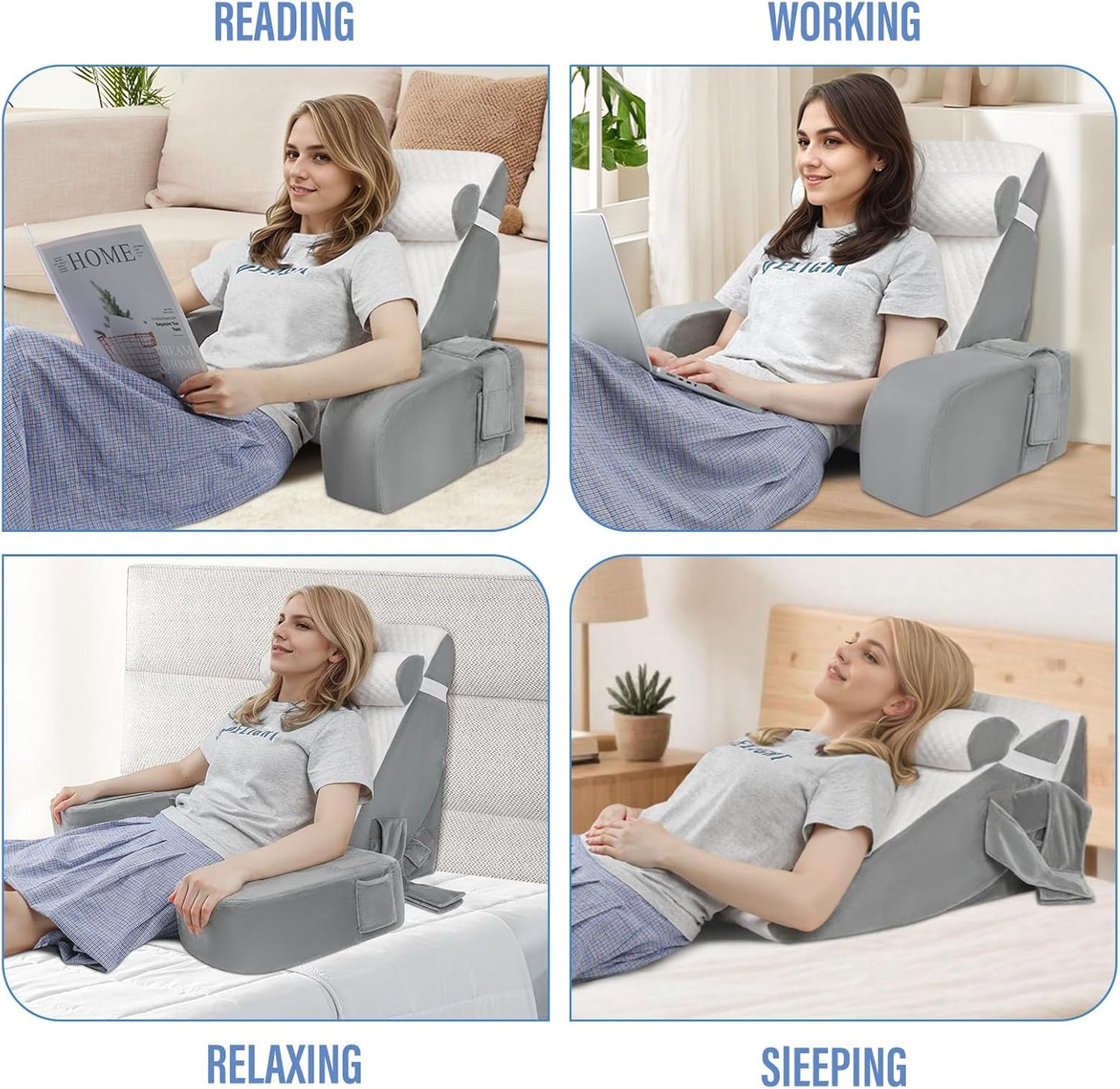LEBENGURU Reading Pillow for Sitting in Bed Adult, Back Support Pillow with Detachable Headrest & Armrests for Watching TV in Floor,Bed Chair Backrest Pillow for Working/Relaxing/Gaming