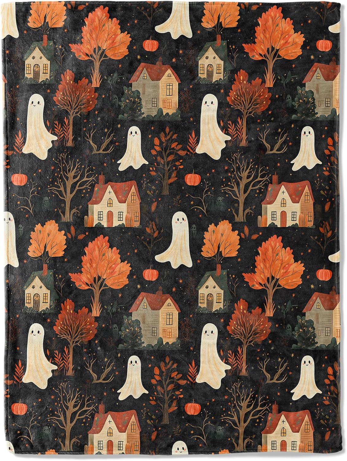 Spooky Ghost Village Flannel Blanket - Cute with Autumn Trees, and Houses Throw - Soft Cozy Gifts Balnkets for Halloween Decor, Fall Lovers,Kids,Women,Festive Home Accents 50x60in