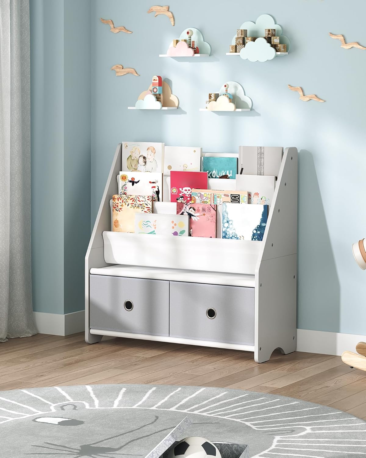 Kids Bookshelf and Toy Storage, 4 Tier Large Capacity Kids Book Rack, Sling Kid Bookcase, for Kids Room, Nursery, Playroom, White and Gray MCW06WT