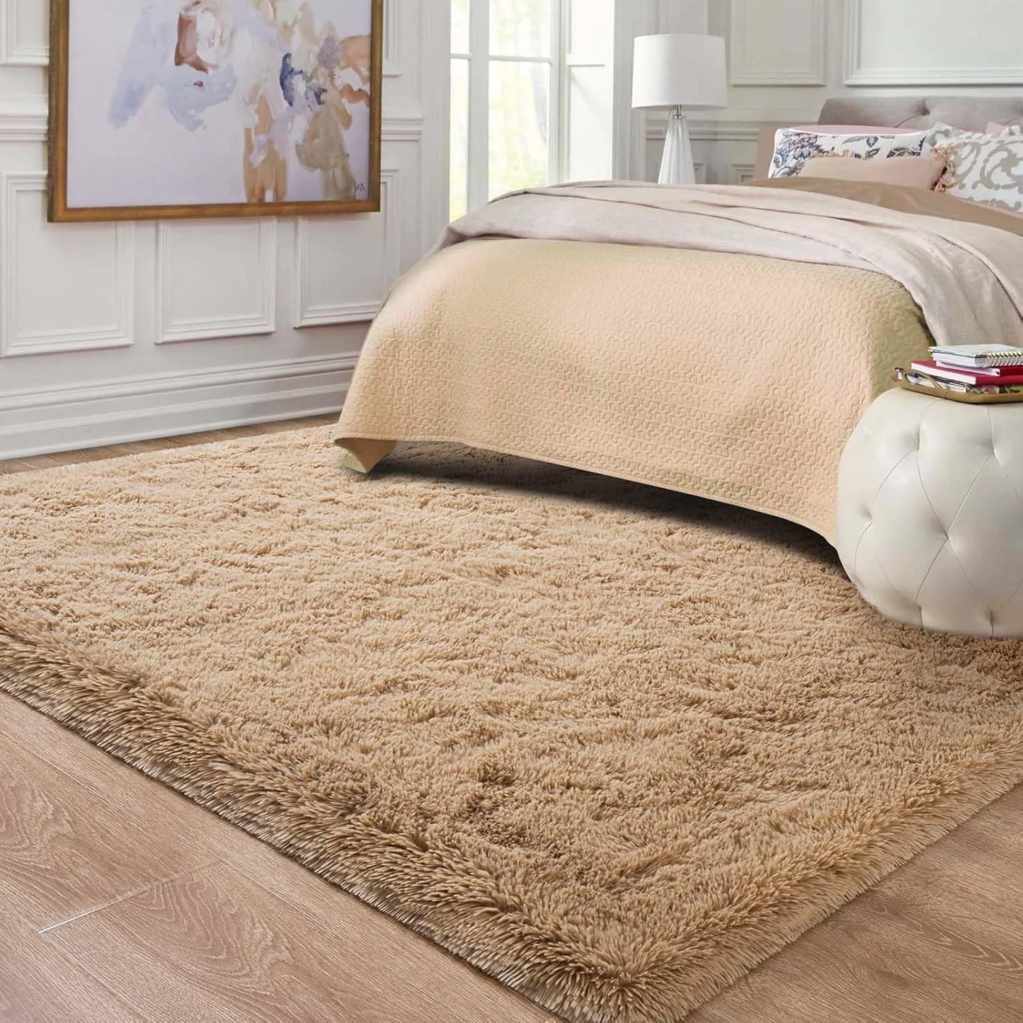 Ompaa Beige 8x10 Feet Large Area Rugs Fluffy Living Room Carpet, Wall to Wall Big Shag Light Tan Rug for Bedroom Kids Playroom Classroom Nursery Home Office Decor