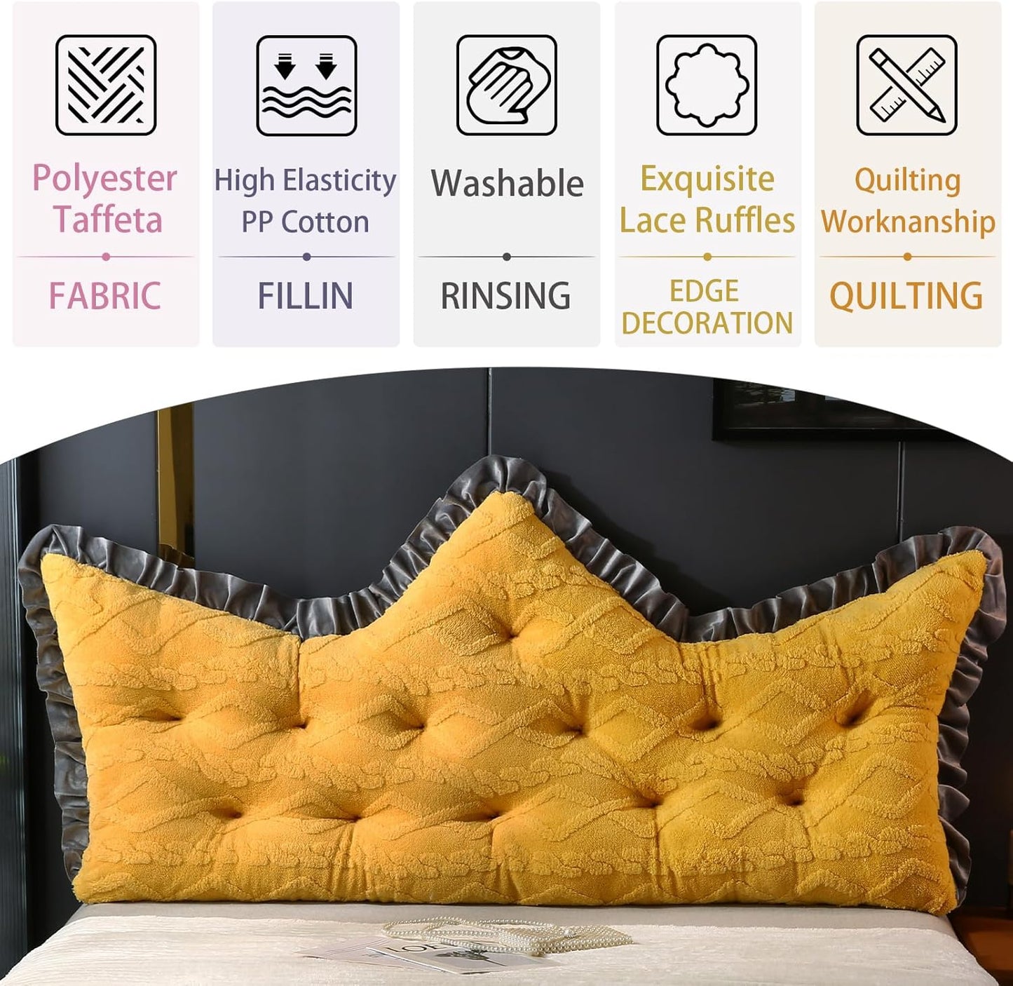 ROOMLIFE Headboard Pillow Crown Princess Soft Bed Pillow for Headboard Backrest Positioning Support Bed Rest Reading Pillows Lace Process Headboard Pillows with Removable Cover(Twin, 22x35 Inches)