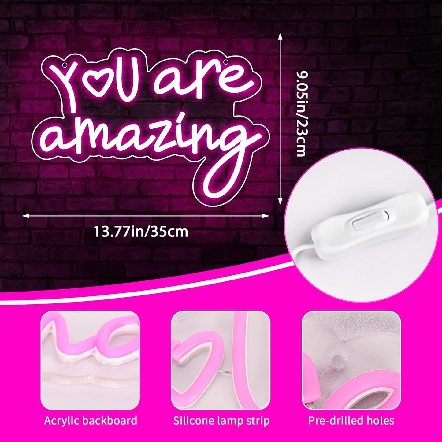 Pink You Are Amazing Neon Signs for Wall Decor,Amazing Led Neon for Girls Bedroom Wall Decor,Girls Light Up Sign for Birthday Wedding Party,Valentines Day Decor,Size 13.8 * 9.1 Inches（JTLD100）