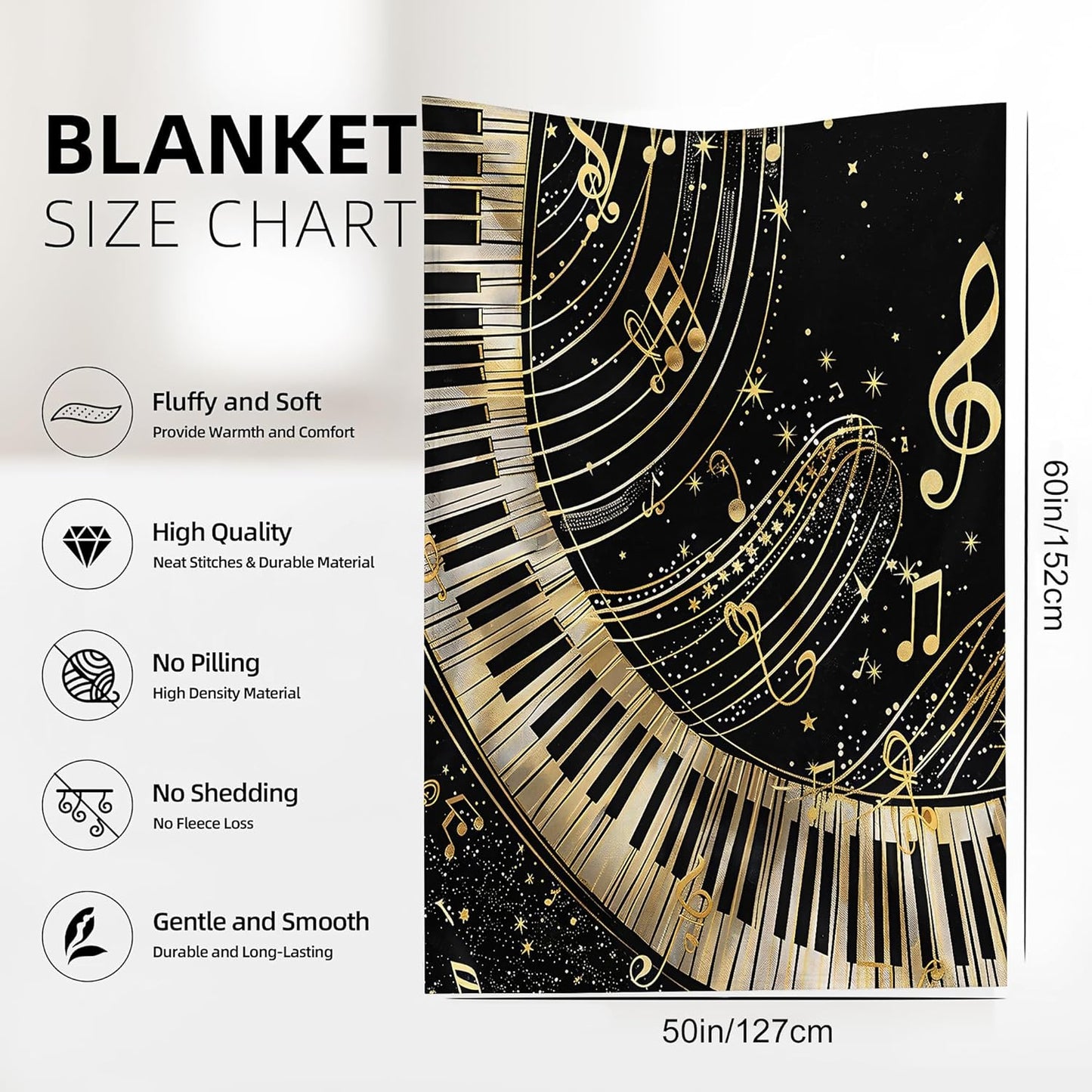 Piano Notes Throw Blanket, Black Gold Blanket Throw for Adults, Lightweight Soft Cozy Blanket for Couch Sofa Bed Room Decor 50x60 Inches
