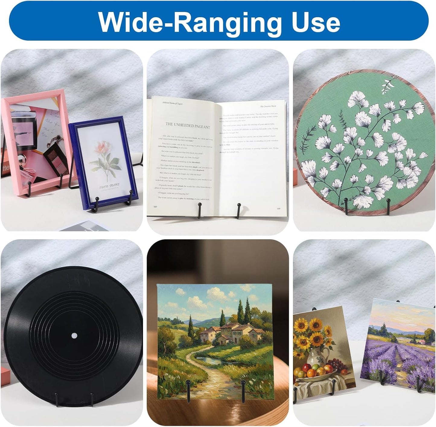 16 Pack Plate Stands for Display, Metal Picture Frame Holders & Easel Stands for Books, Photos, Decorative Plates, and Art - 4" & 6" Sizes, Black (8 of Each)