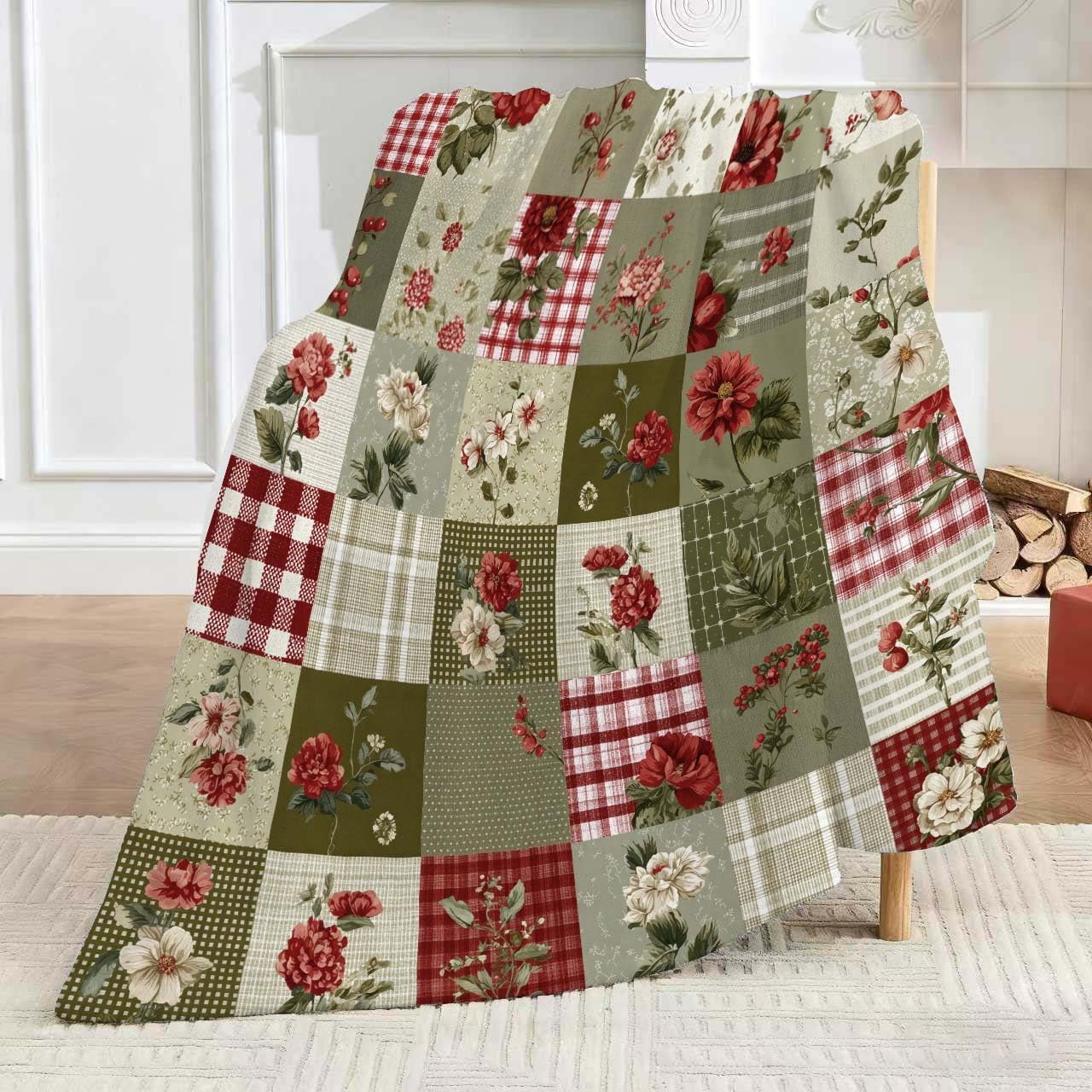 MASLEK Floral Patchwork Throw Blanket Vintage Farmhouse Flower Plaid Blanket Rustic Cottagecore Botanical Cozy Flannel Blanket for Couch Sofa Bed Home Decor, 50x60 Inch