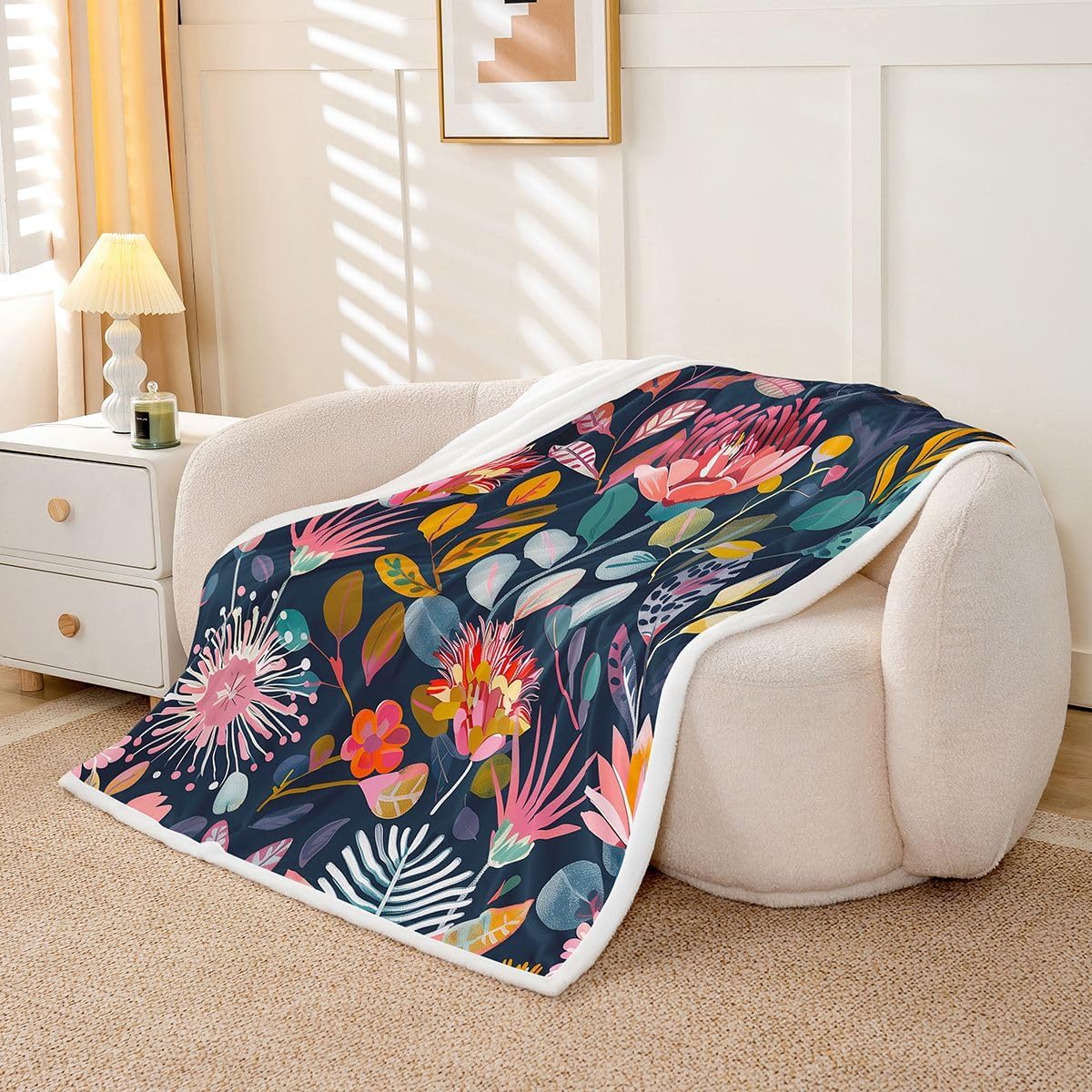 Feelyou Floral Sherpa Throw Blanket for Couch Navy/Pink/Orange Super Soft Cozy Fleece Garden Blanket for Winter, Plush Throw Vintage Floral Baby 30"x40" All Season