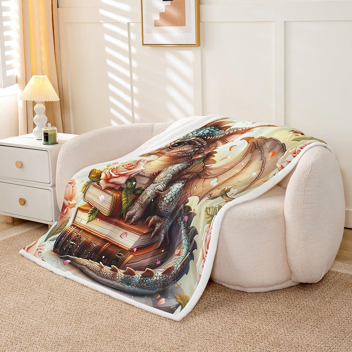Manfei Cartoon Dragon Kids Throw Blanket,Reading Books Roses Flowers Dreamy Bed Blanket for Boys Girls,Kawaii Western Animal Fleece Blanket,Green Fuzzy Blanket,Throw Size (50 x 60 Inches)