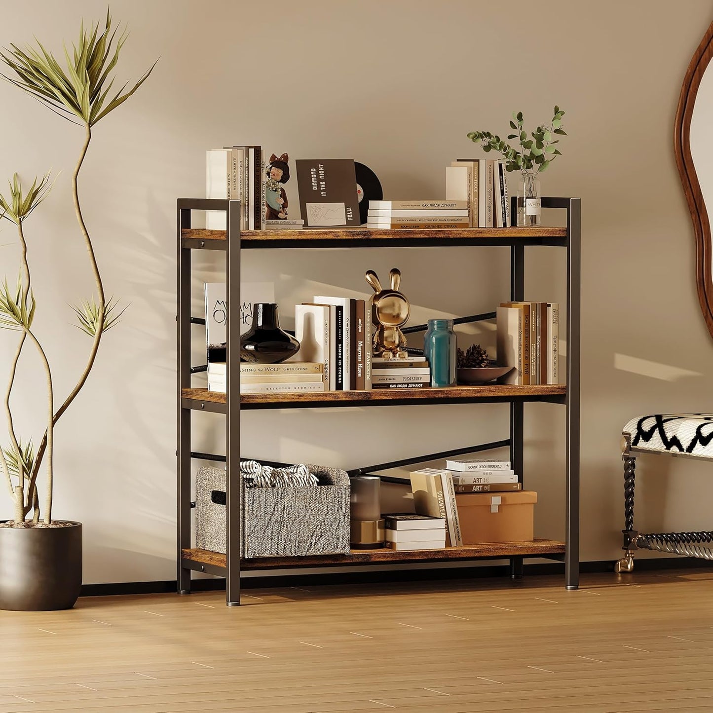 Book Shelf, 3 Tier Bookshelf 31.49" Width, Book Shelf Storage and Organization, Wooden and Metal Industrial Bookcase, Large Book Shelves for Home Living Room Bedroom Office Storage(Vintage)