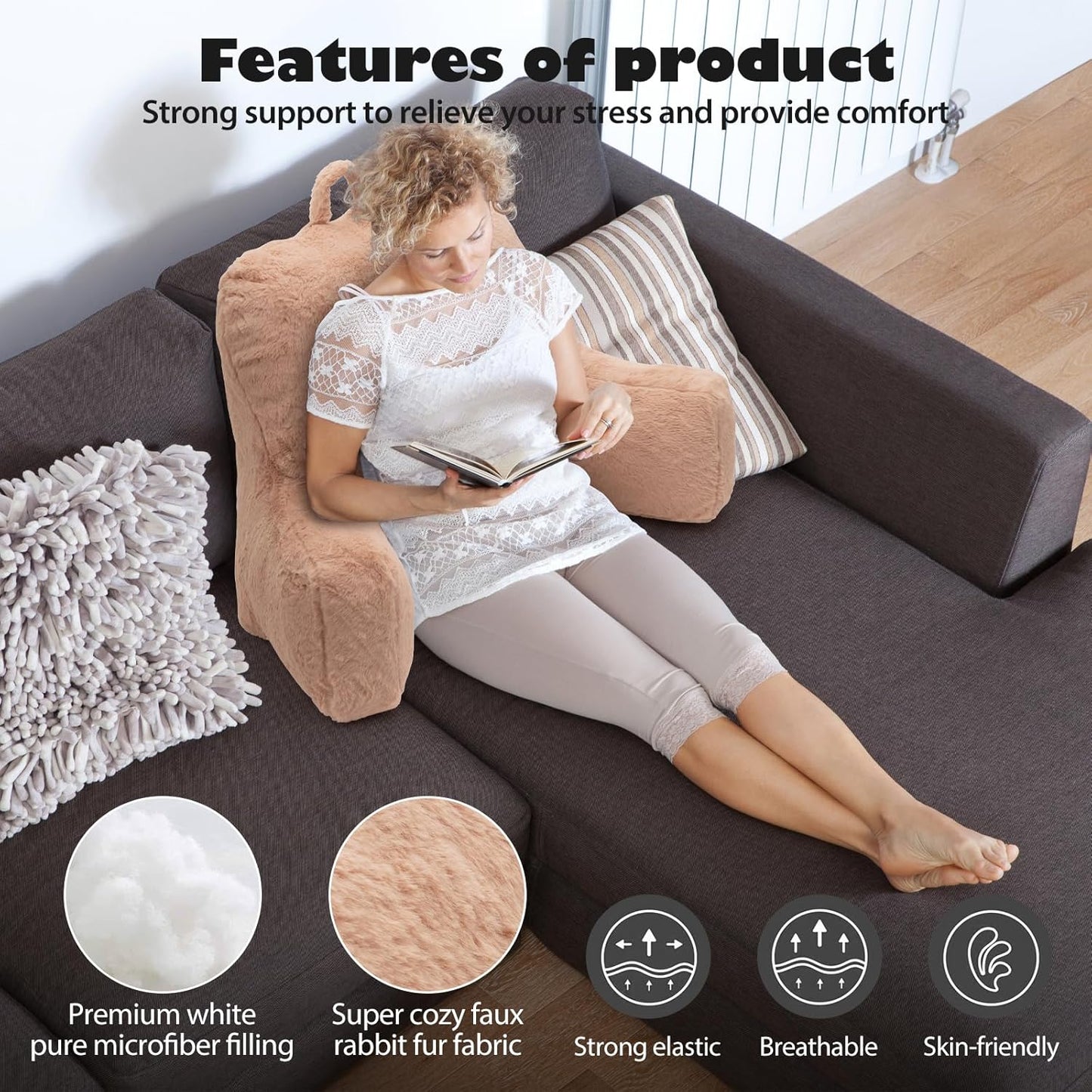 Reading Pillow Large Bed Pillow,Backrest Pillow with Arms, Back Support Pillow for Sitting Up in Bed, Couch for Lounging Bedrest,Camel