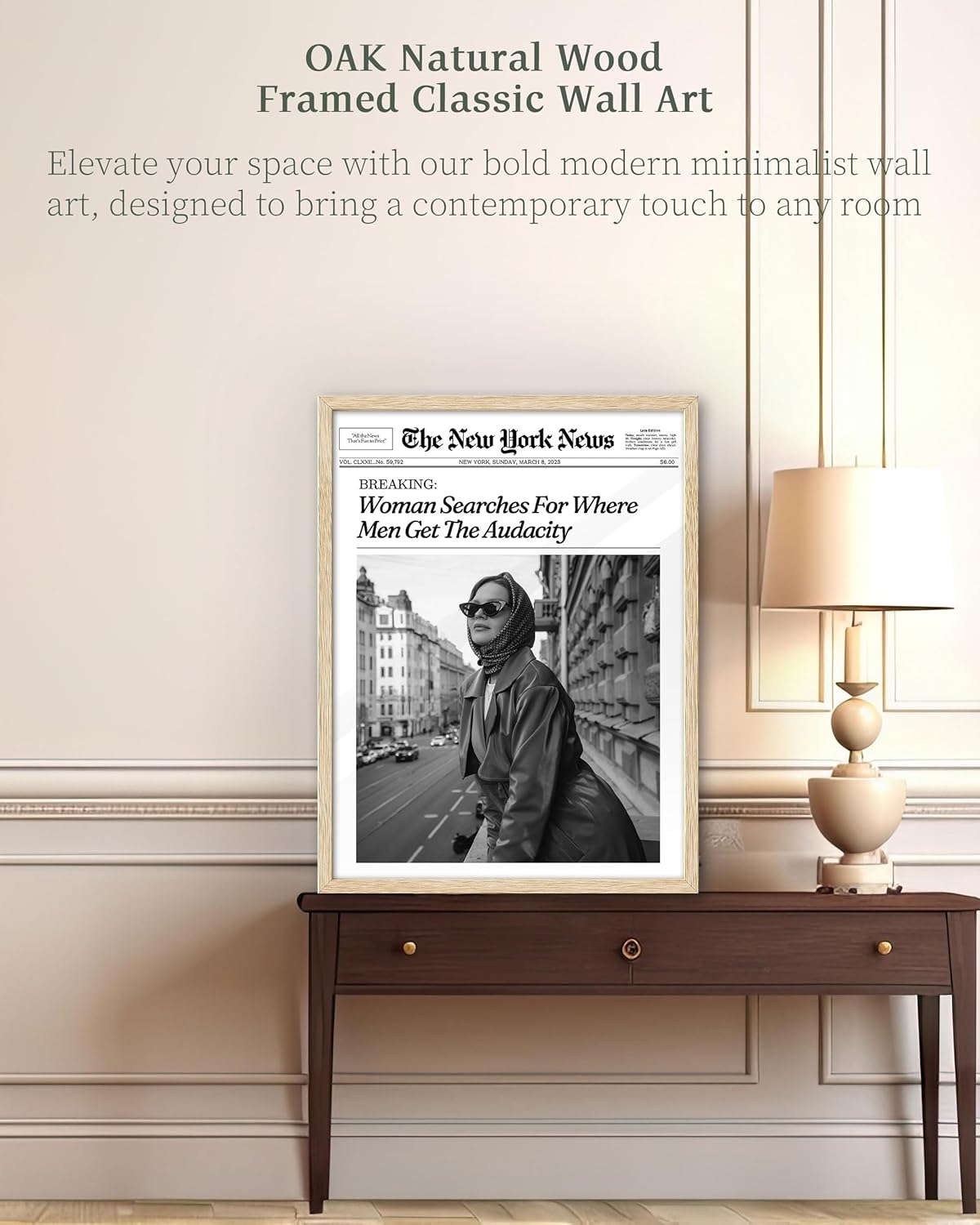 iHery Natural OAK Wood Newspaper Trendy Framed Wall Art, 12x16 in Vintage Headline Canvas Print, Woman Searches for Where Men Get The Audacity Poster, New York News Beige Frame Logs Retro Set of 1