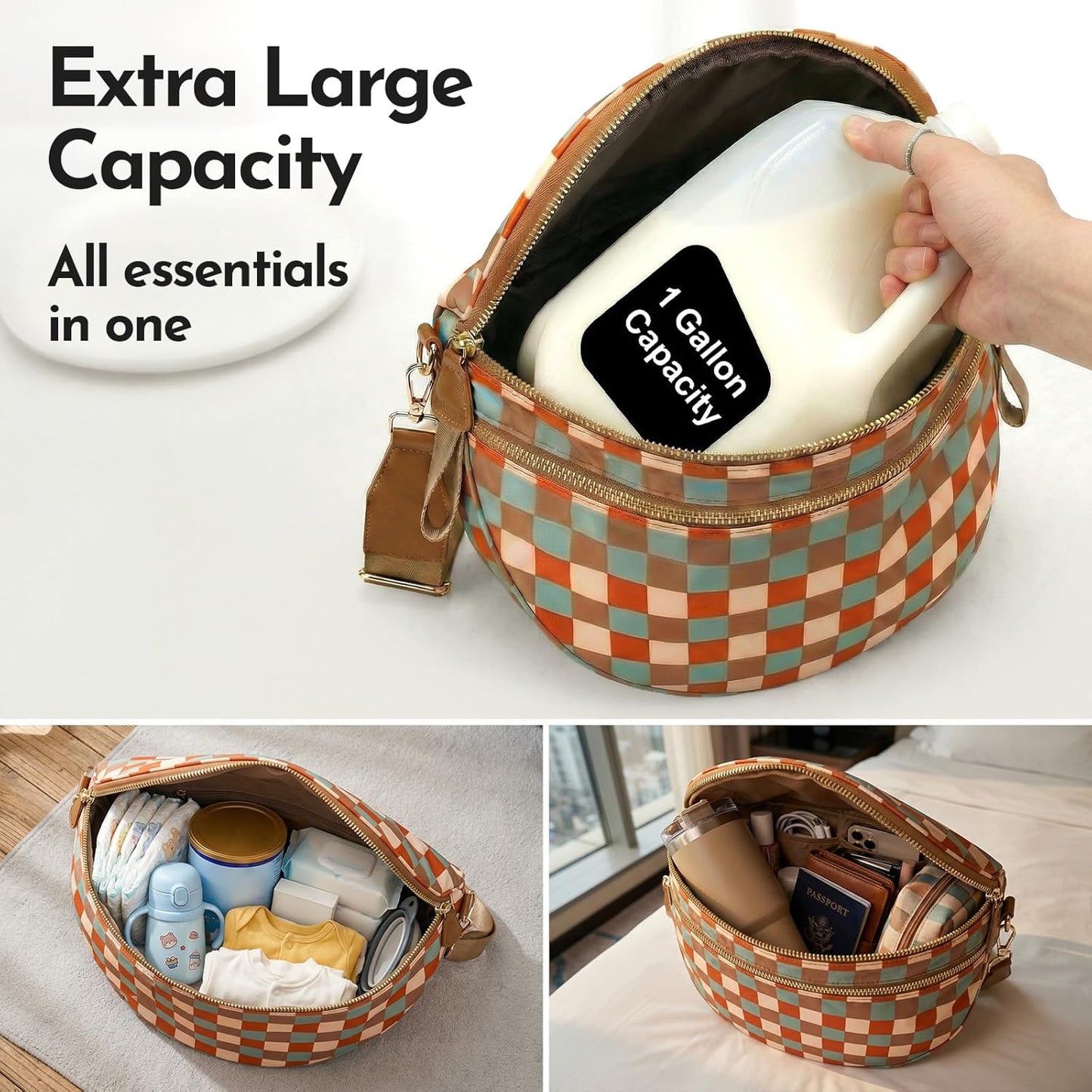 Checkered Crossbody Bag Nylon Bum Bags for Women Spacious Handbags Checkered Purse Fanny Packs with Shoulder Strap