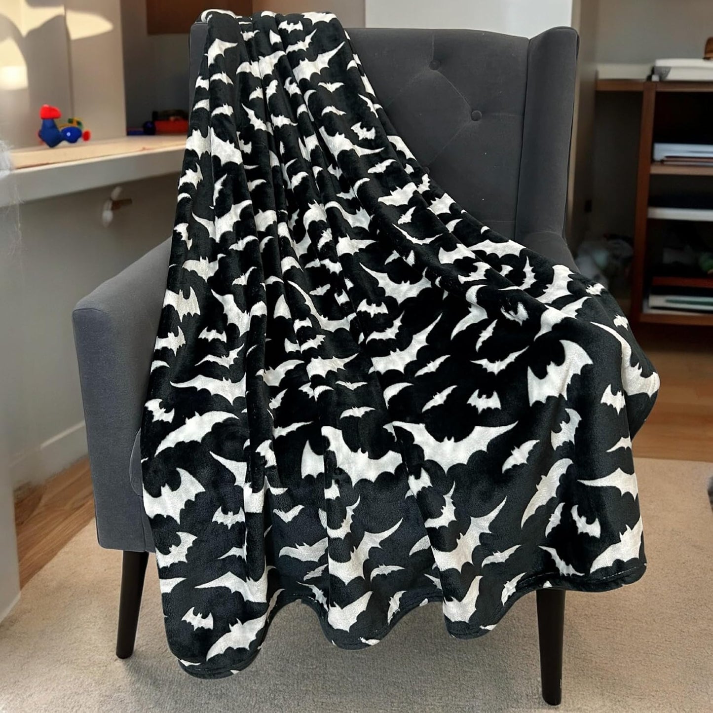 Spooky Halloween Throw Blanket for Couch or Sofa: Silver Night Bats on Black Design on Soft Velvet Fleece Oversized 50" x 70"