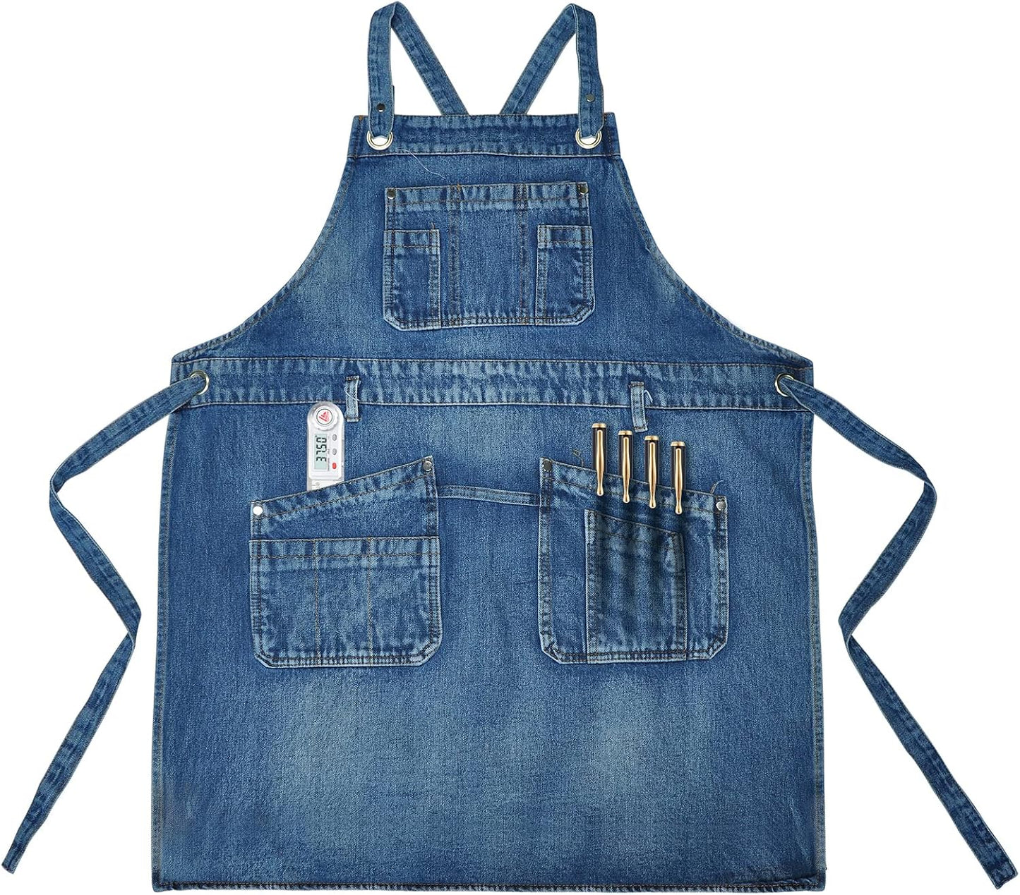 Denim Apron with Multi Pockets for Kitchen, Cooking, BBQ & Gardening
