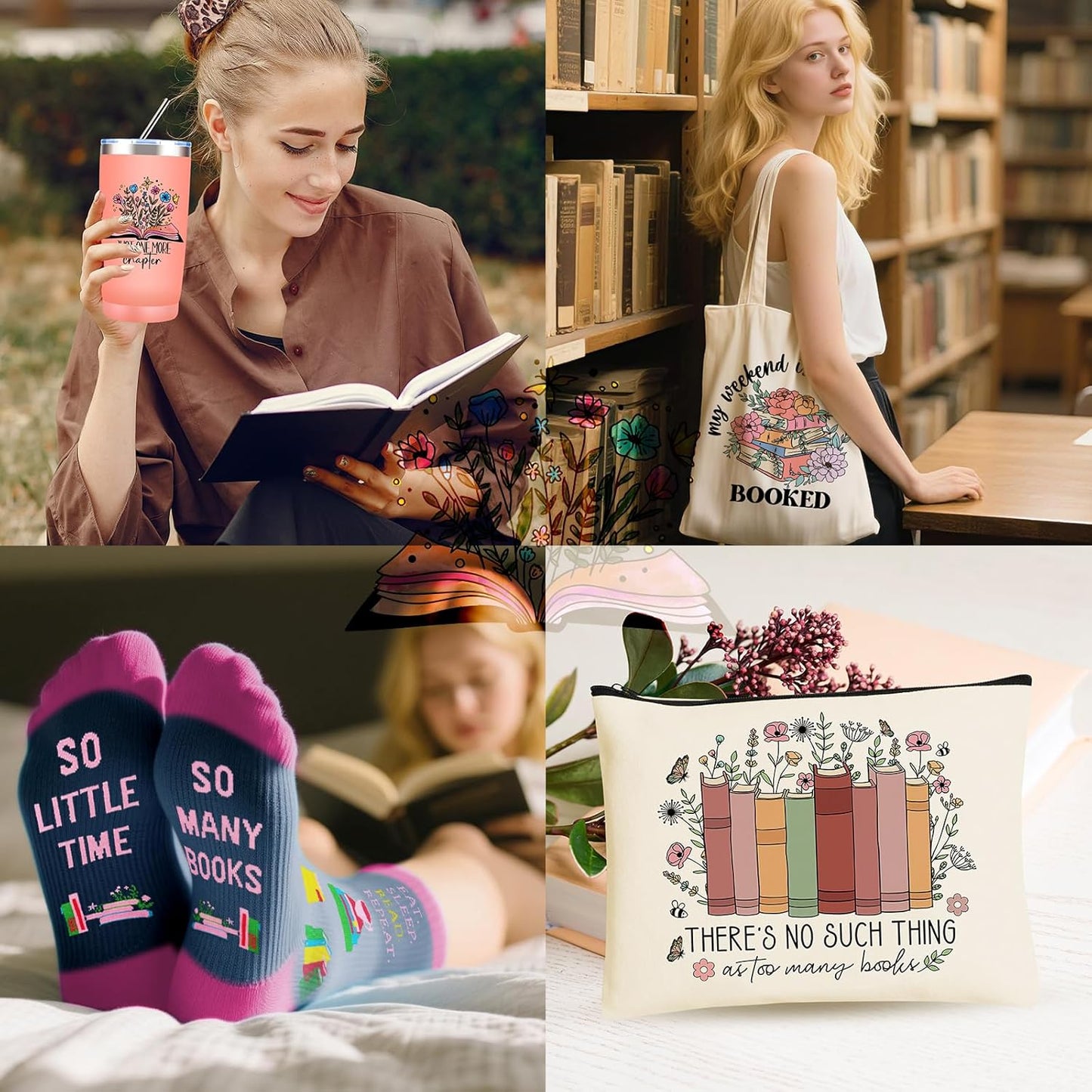 Book Lover Gifts for Women, Bookish Gifts with 20 Oz Tumbler Socks Tote Bag Makeup Bag Page Holder Bookmark Keychain Earrings