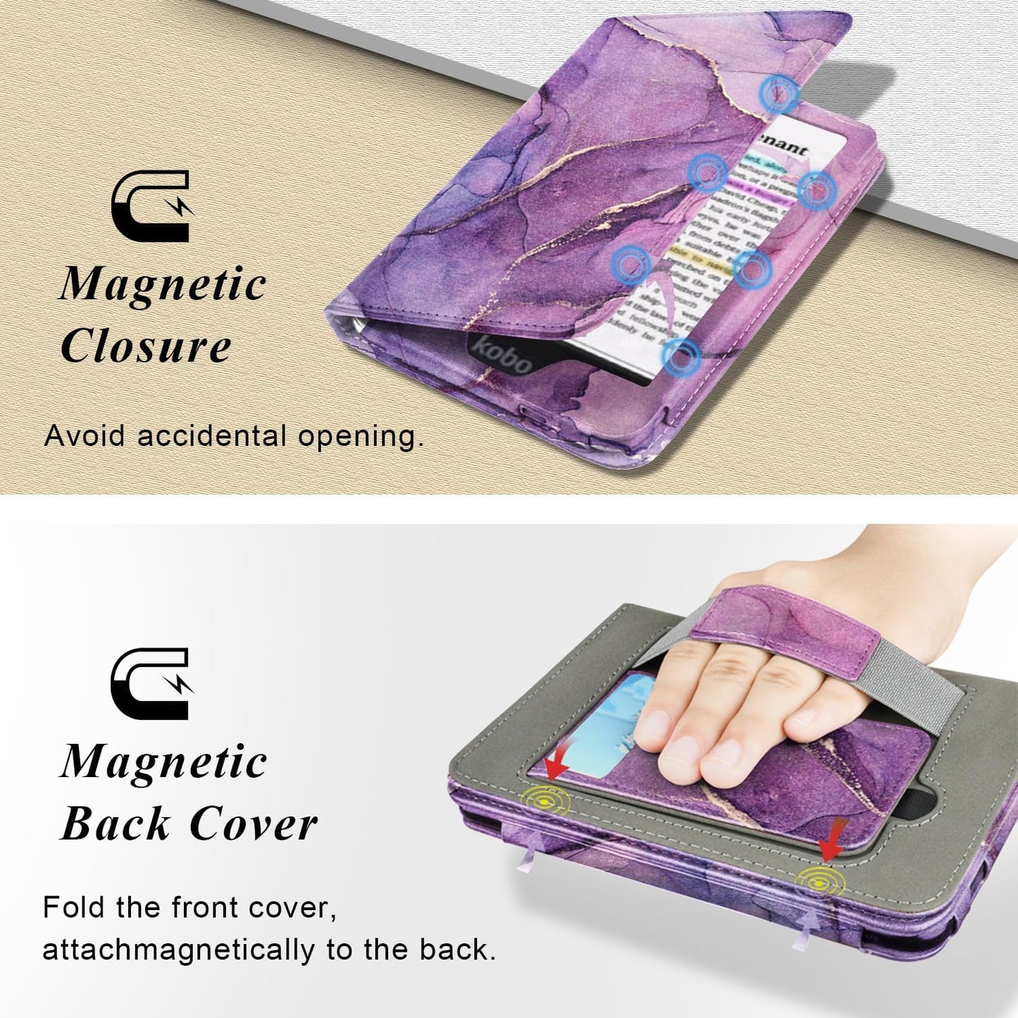 Stand Case for 6" Kobo Clara Colour/Clara BW (2024)/Clara 2E (2022)/Tolino Shine Color/Shine 5/Shine 4,Durable PU Leather Cover with Auto Sleep Wake, Card Slot, Hand Strap Feature,Marble Purple