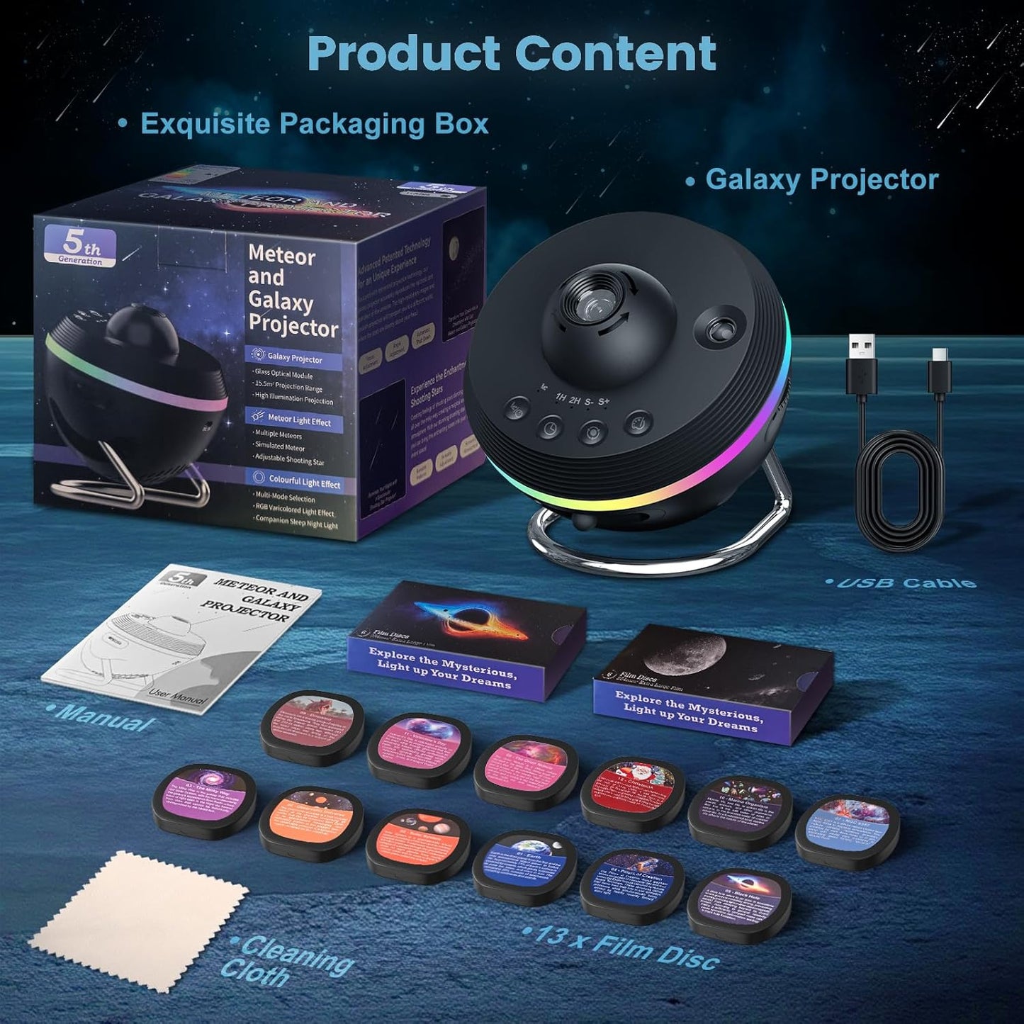 Galaxy Star Projector, 13 in 1 Planetarium Projector Space Ceiling Nebula Starry Sky Night Light with Light Strip, Dynamic Meteor Effect. Home Theater Living Room Decor for Kid Adult Gift