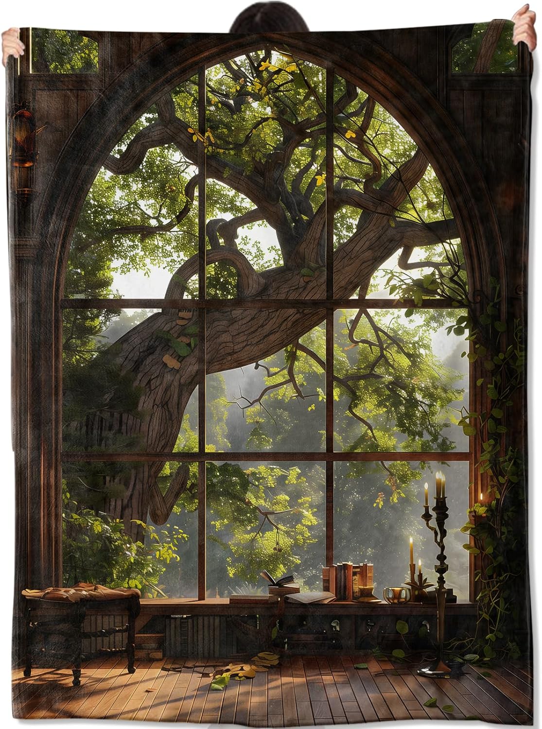 Cozy Forest Window Reading Nook Blanket Enchanted Nature Scene Throw Blankets Soft Lightweight Flannel Throws Decor Gifts for Kids Teens Adults Ideal for Couch Bed Travel Sofa Office 50x60 Size