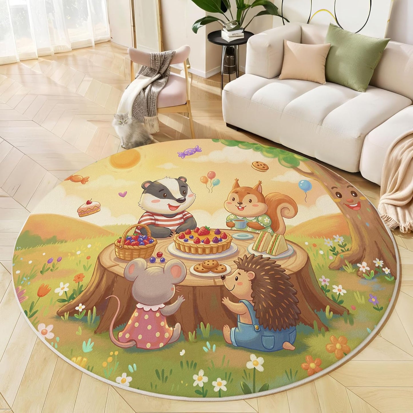 2Ft Round Washable Rug - Large Area Rug for Living Room Dining Room, Yellow Soft Bedroom Carpet with Cute Animals Party Pattern, Cartoon Illustration Décor, Low Pile Stain Resistant