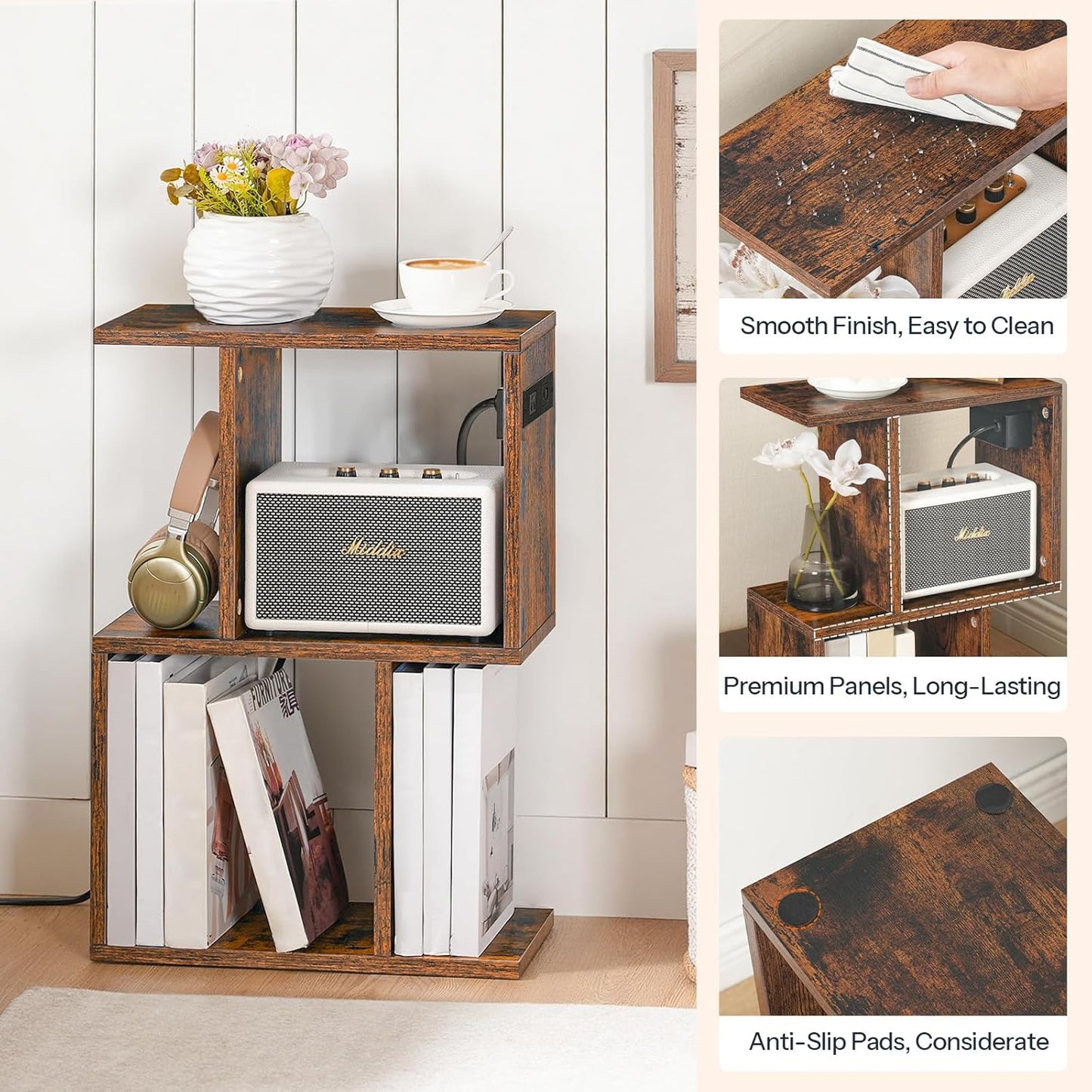 HOOBRO Narrow Side Table with Charging Station, S-Shaped Slim End Table Geometric Bookshelf, with Open Storage, for Small Space, Living Room, Bedroom, Rustic Brown FG137UBZ01