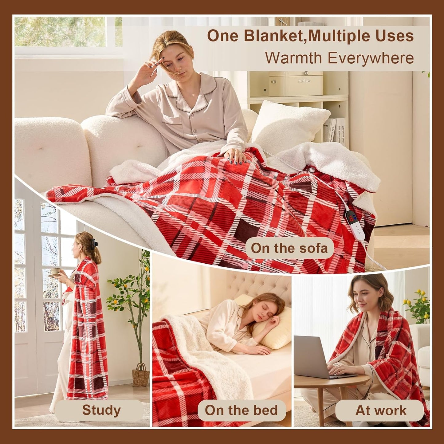 Heated Blanket Electric Throw 50''X60''，Ultra Soft Sherpa Buffalo Plaid Heated Blanket with 6 Heat Levels & 4 Hours Auto Off,Warm Fast Heating Throw with Over-Heated Protection ETL Certification(Red)