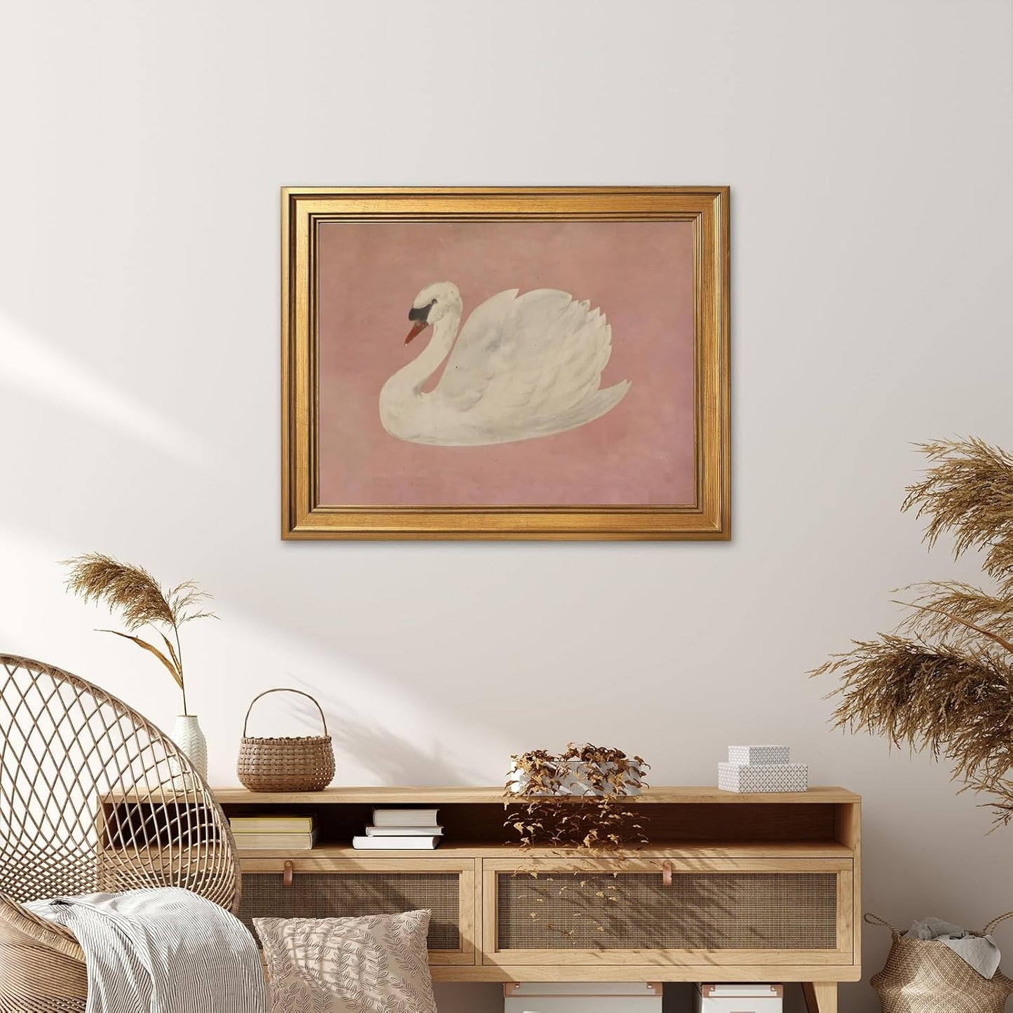 HUYKON Large Framed Wall Art Vintage White Swan Canvas Print Neutral Nature Wildlife Poster Elegant Rustic Farmhouse Animal Bird Painting Pink Wall Decor for Bedroom Living Room 24X36inch Golden Frame