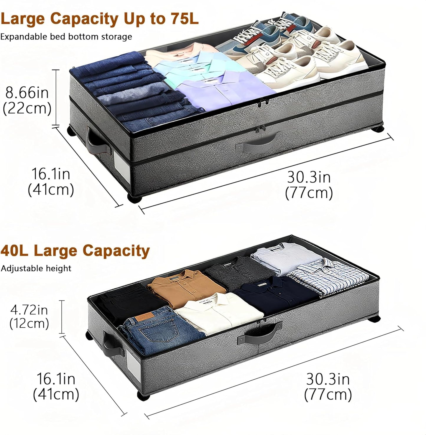 Under Bed Storage with Wheels, 2 Pack 75L Underbed Large Storage Bins with Lid, Adjustable Rolling Storage Containers for Clothes, Shoes, Blankets