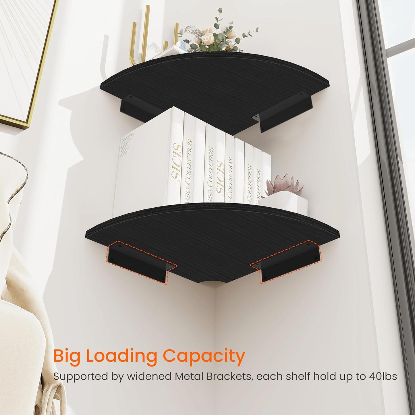 Homode Corner Shelf Wall Mount, 4 Tier Rounded Corner Floating Shelves, 12 Inch Deep Hanging Corner Shelf Storage, Wood Corner Wall Shelving for Living Room Bedroom Bathroom Kitchen, Black