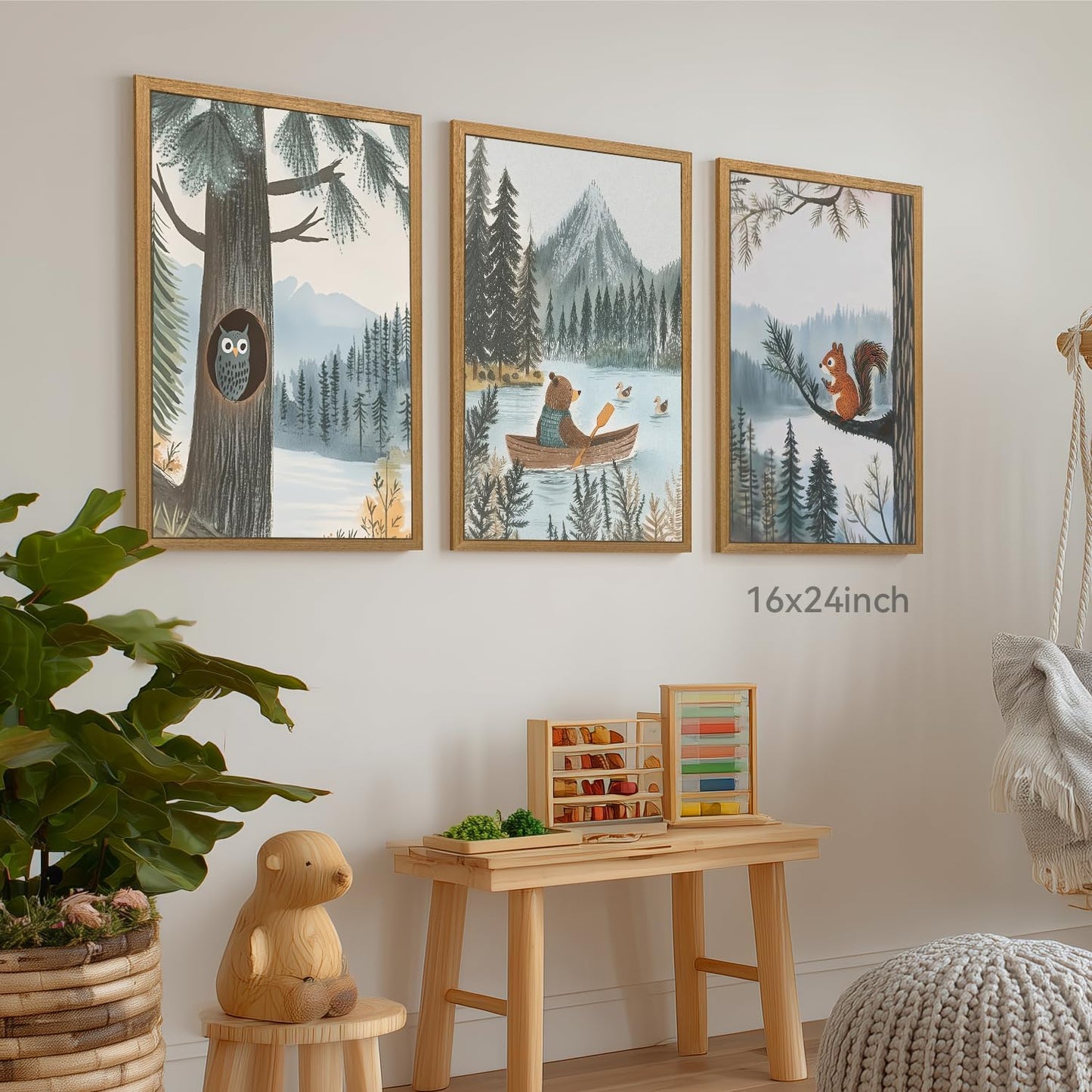 CAZLOUC Wood Framed Woodland Animal Nursery Wall Art Set of 3, Baby Boy Forest Adventure Wall Decor, Bear Owl Squirrel Art Print, Vintage Neutral Mountain Landscape Artwork for Kids Room 16x24 Inch